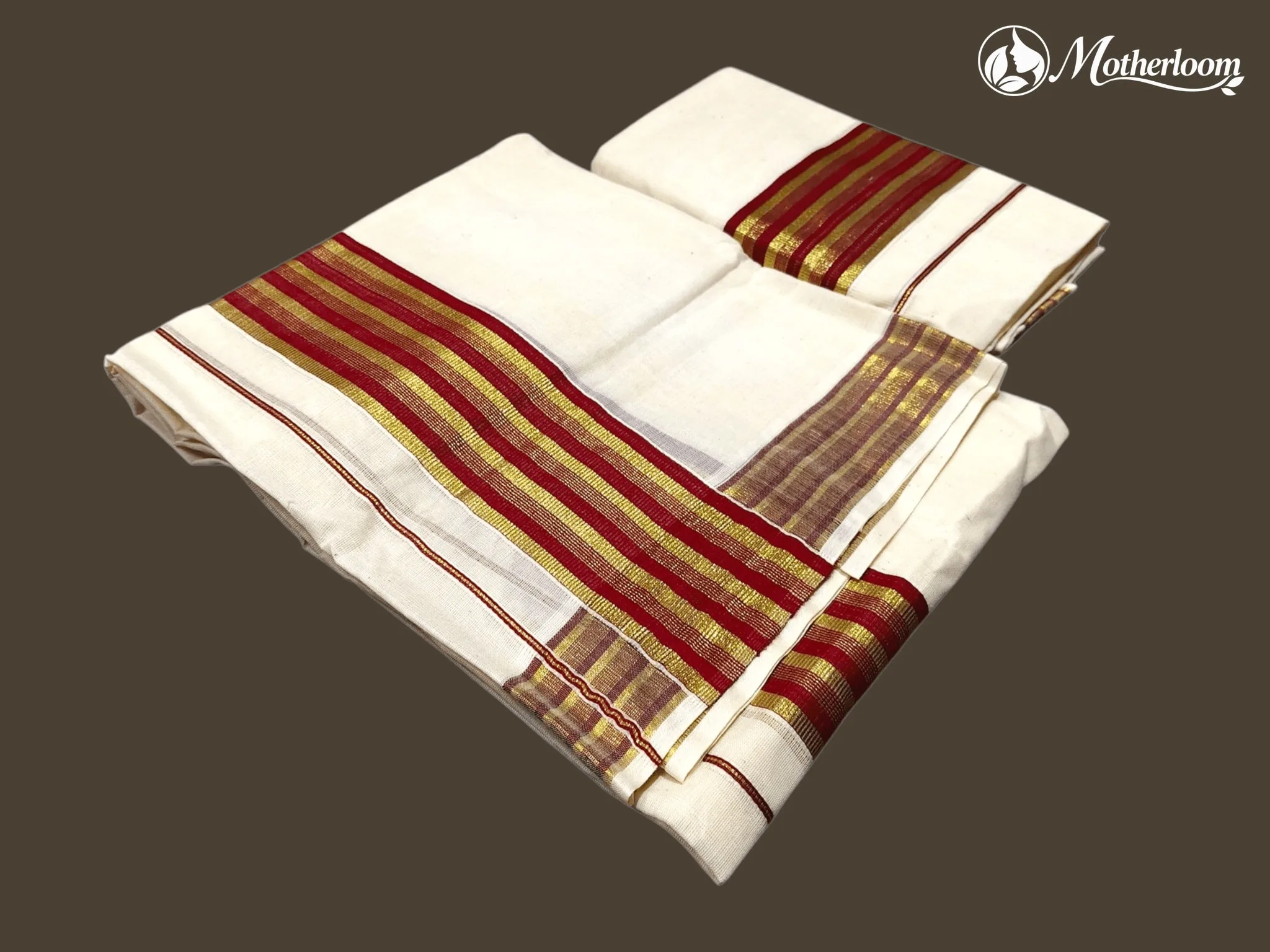Motherloom Kerala Cotton Fancy Maroon & Gold Set Mundu