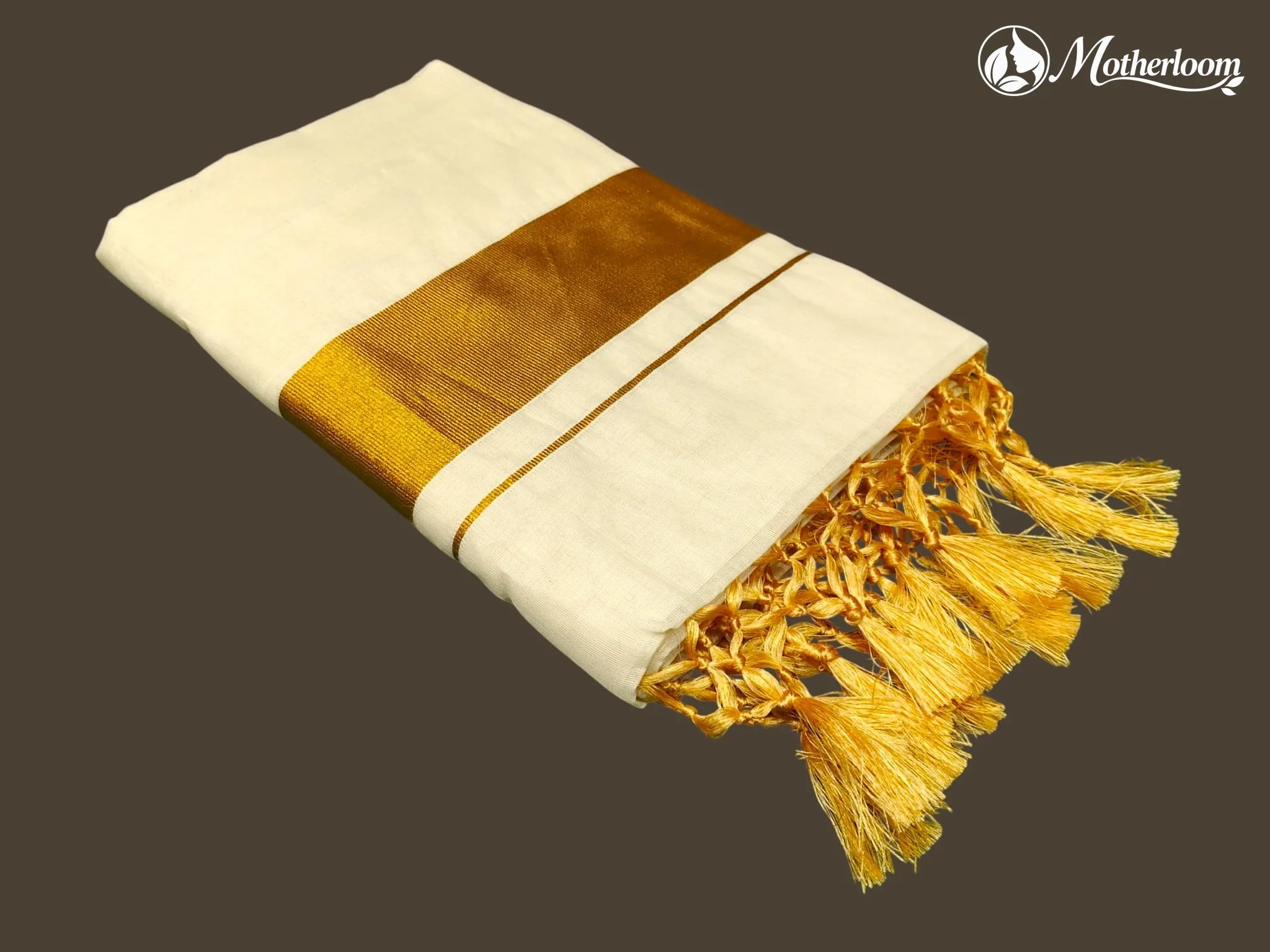 Motherloom Kerala Plain Cotton Saree With Running Blouse With Tassels (Kunjam)