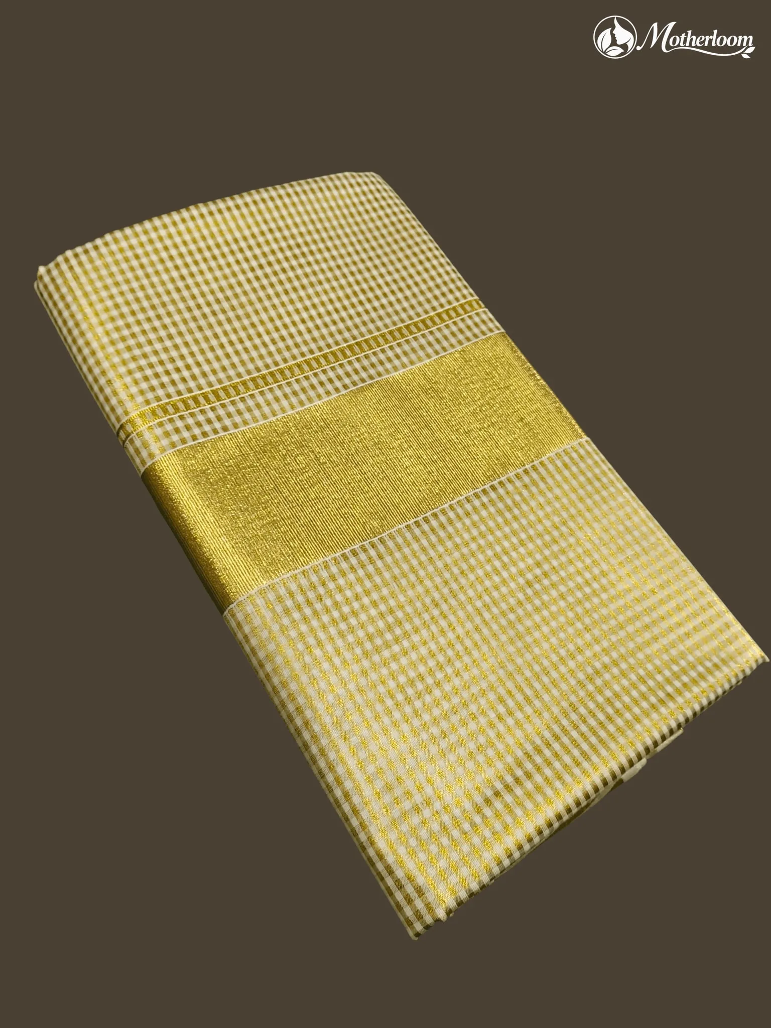 Motherloom Kerala Tissue Gold Micro Checked Saree With Running Blouse