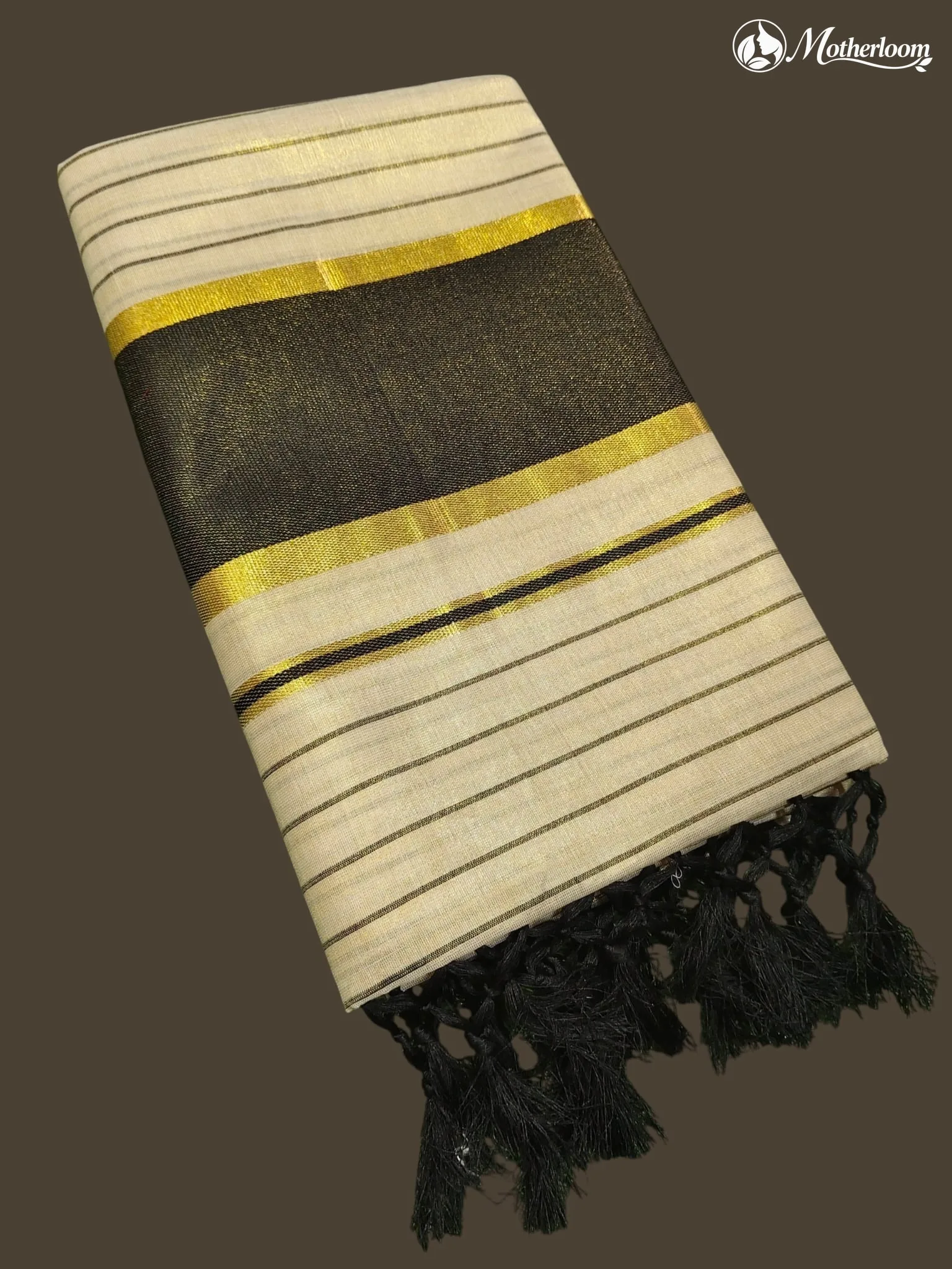 Motherloom Kerala Tissue Fancy Stripes Black Saree, Running Blouse With Tassels