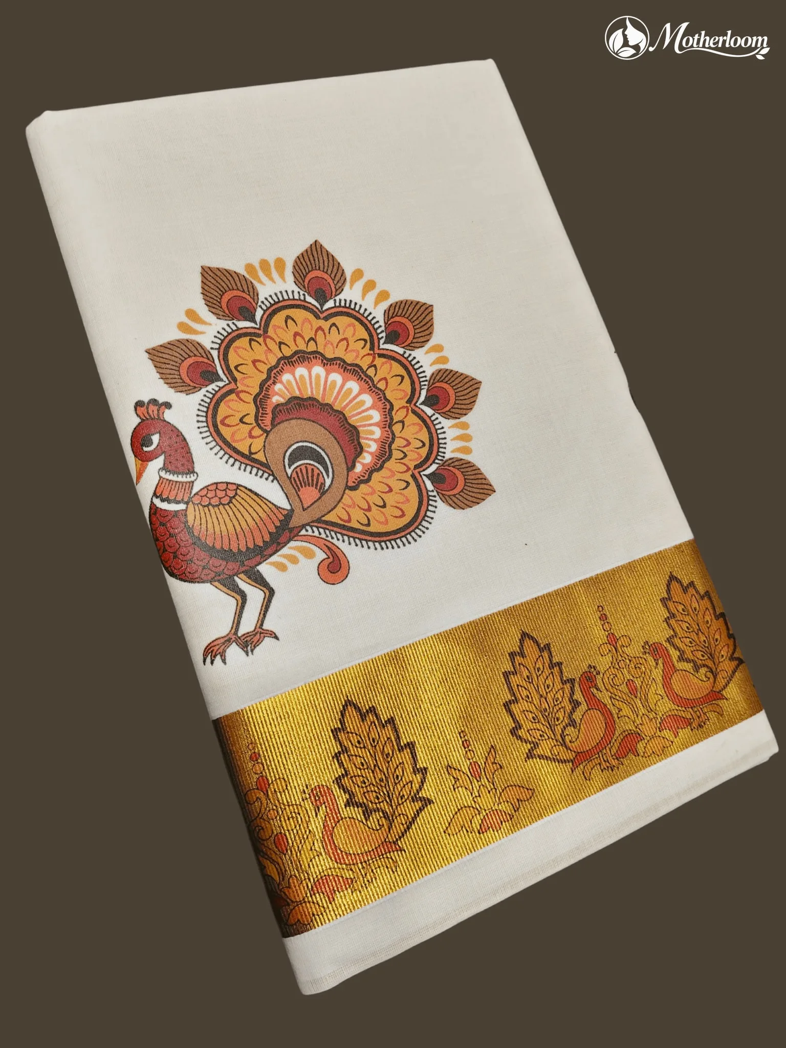 Motherloom Kerala Cotton Peakcock Mural Print Saree With Running Blouse