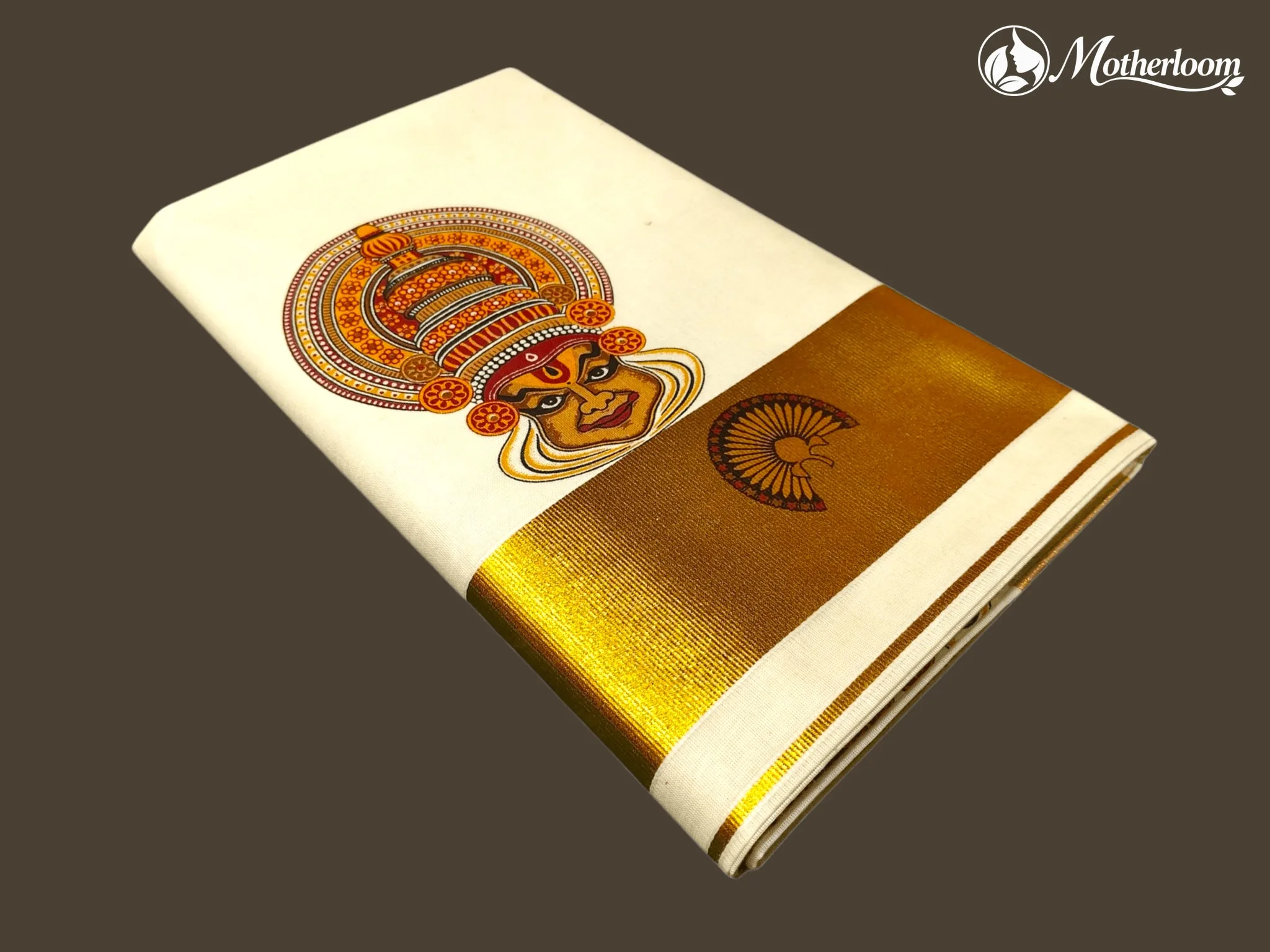 Motherloom Kerala Cotton Kathakali Face Mural Print Saree with Running Blouse