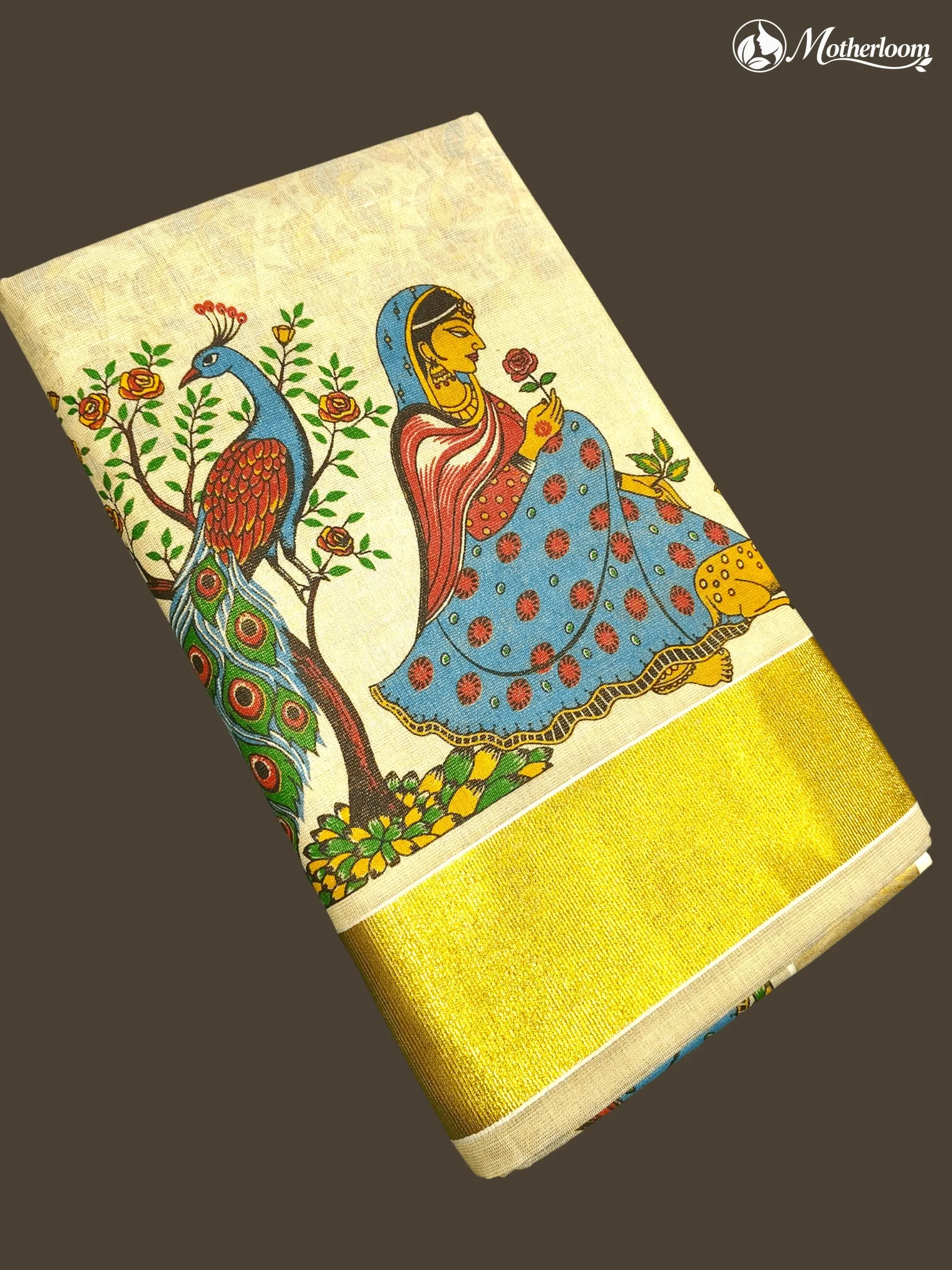 Motherloom Kerala Tissue Kerala Tissue Radha Veena with Peacock Mural Print Saree