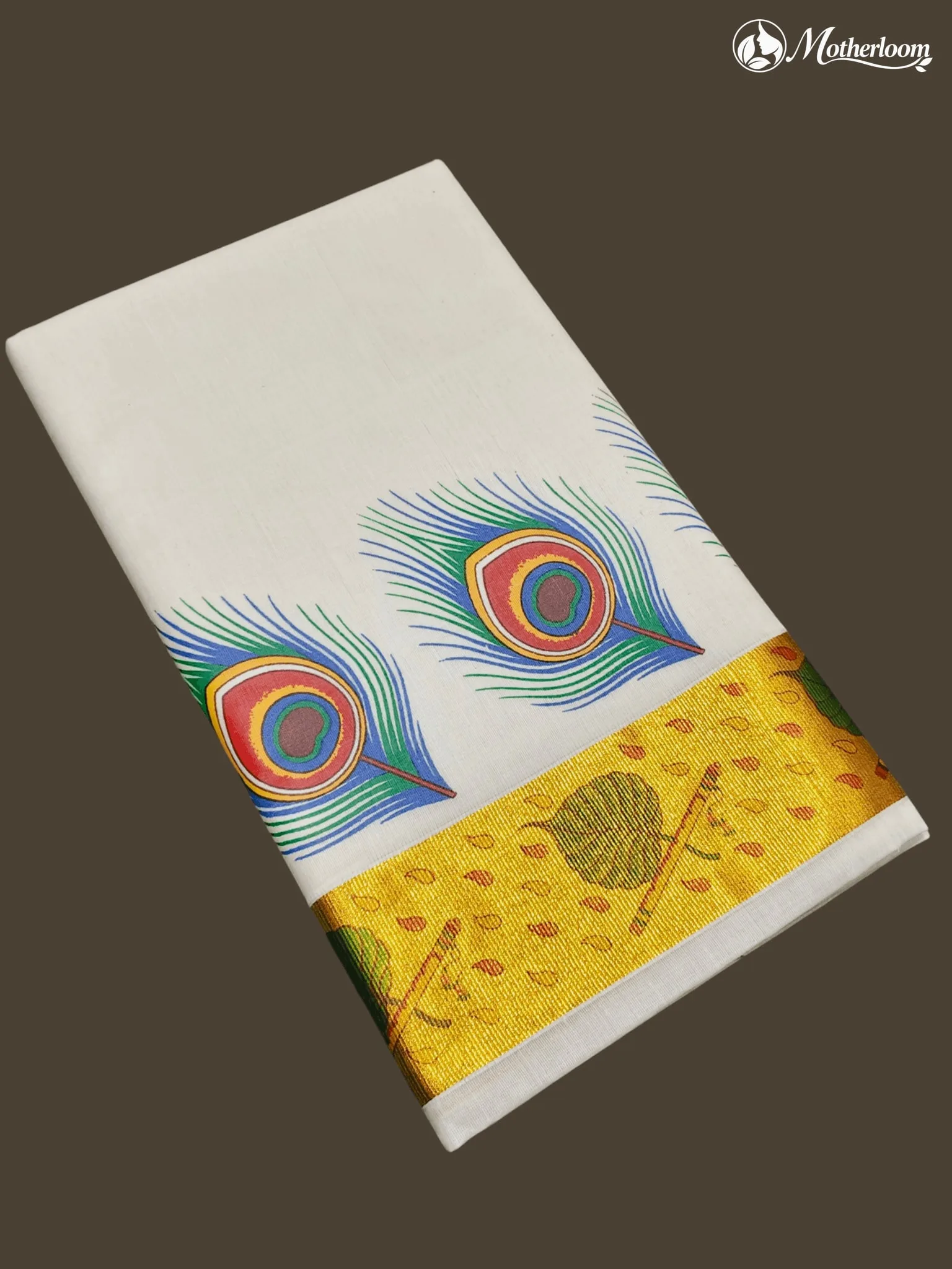 Motherloom Kerala Cotton Peacock Feather & Krishna Flute Mural Print Saree,Running Blouse