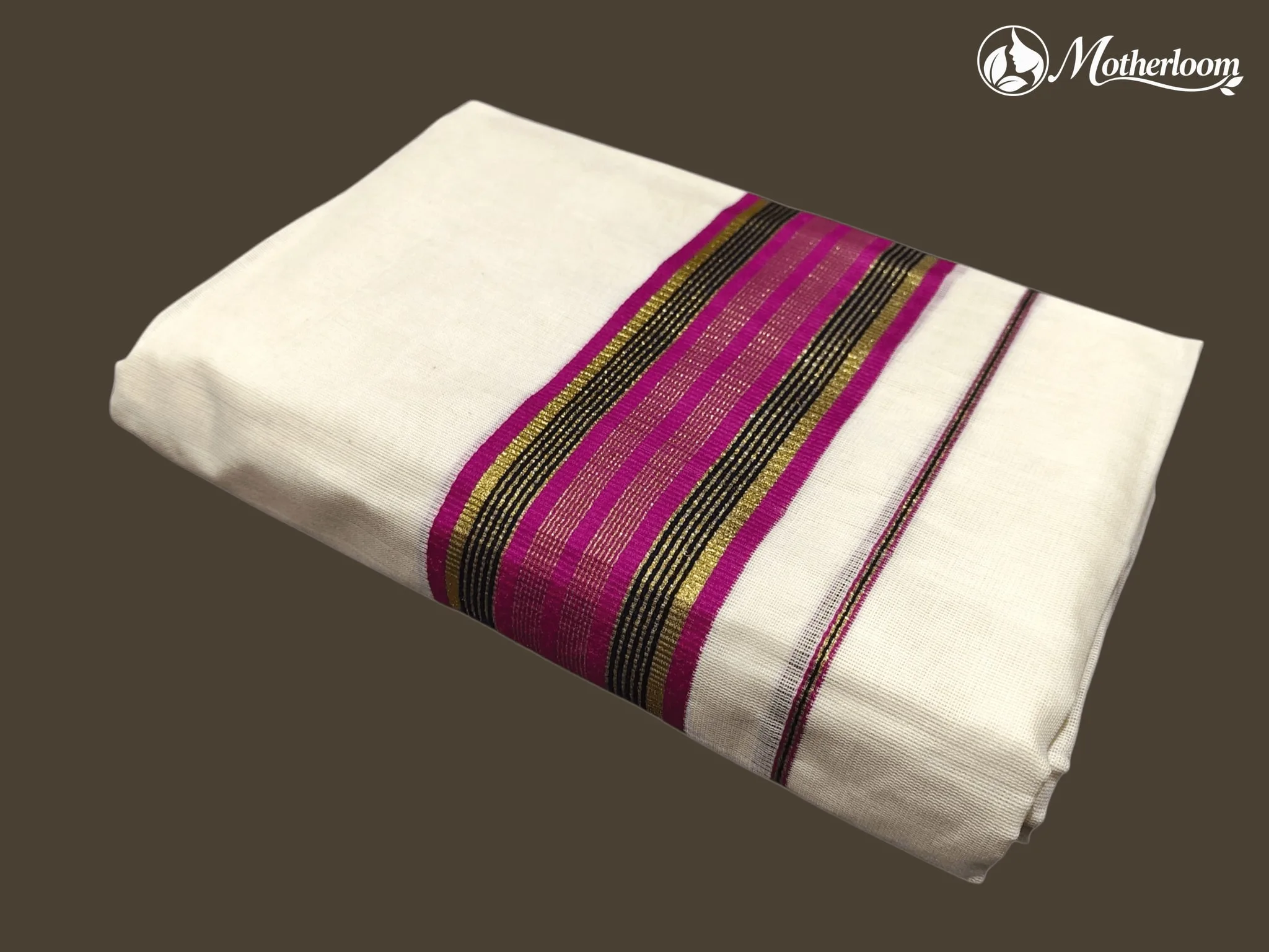 Motherloom Kerala Cotton Fancy Pink & Black Set Mundu