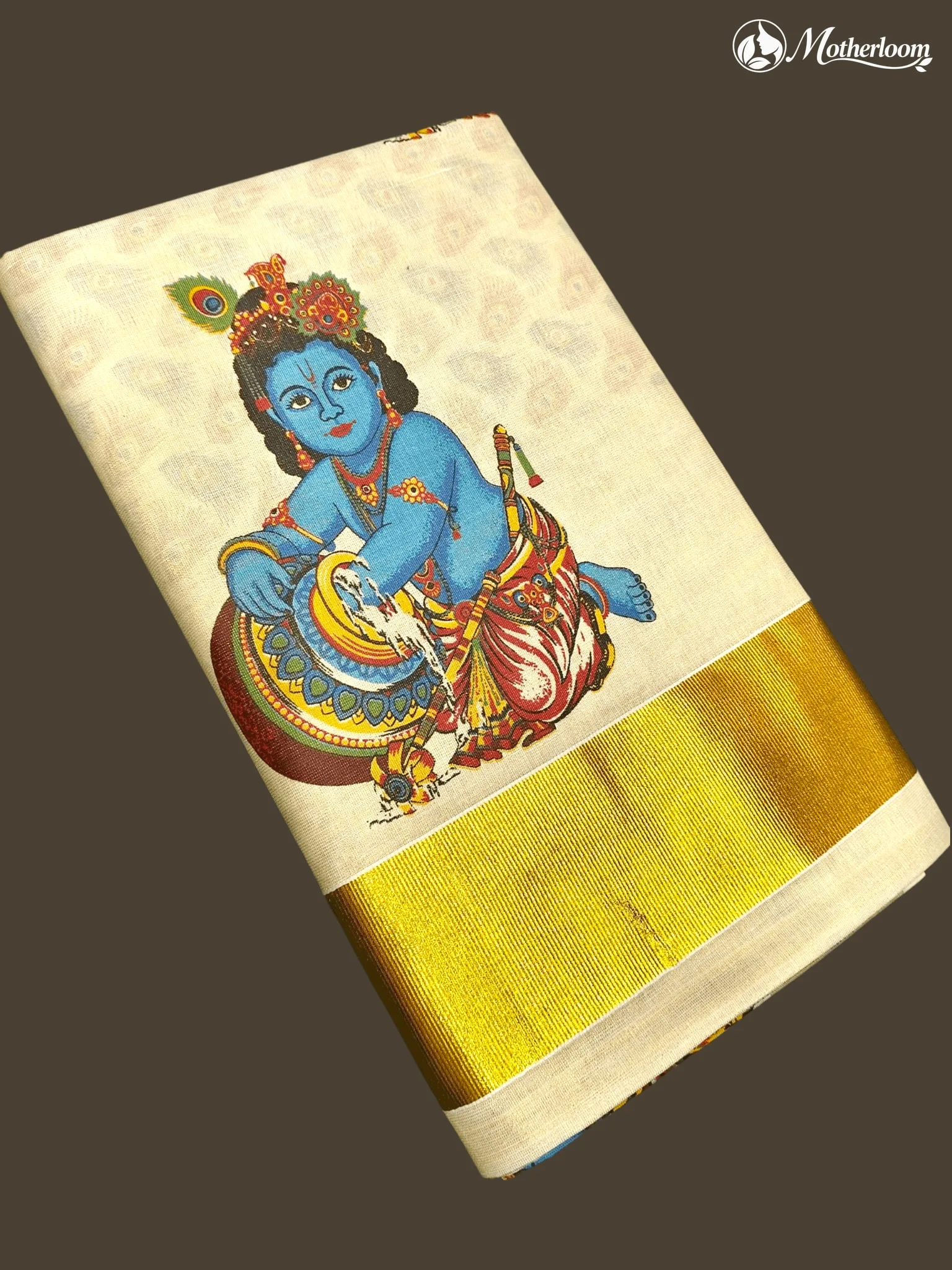 Motherloom Kerala Tissue Little Krishna Mural Print Saree with Running Blouse