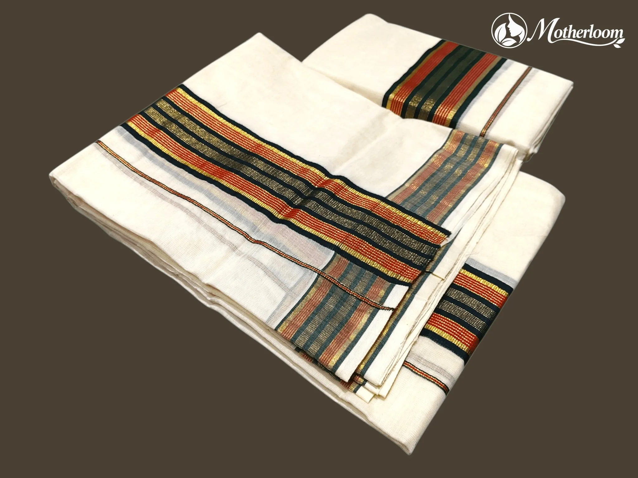 Motherloom Kerala Cotton Fancy Bottle Green & Red Set Mundu