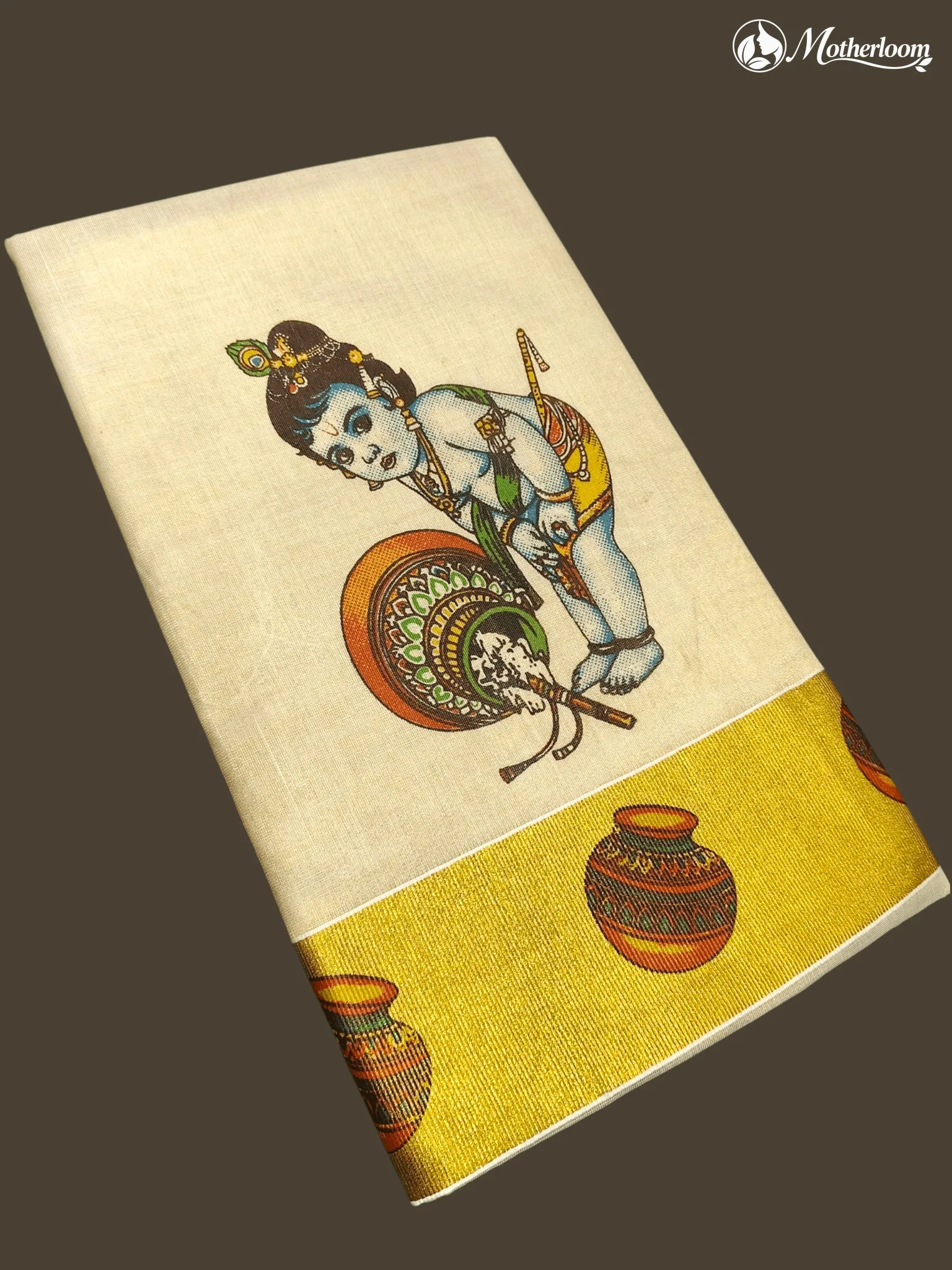 Motherloom Kerala Tissue Baby Krishna Mural Print Saree with Running Blouse