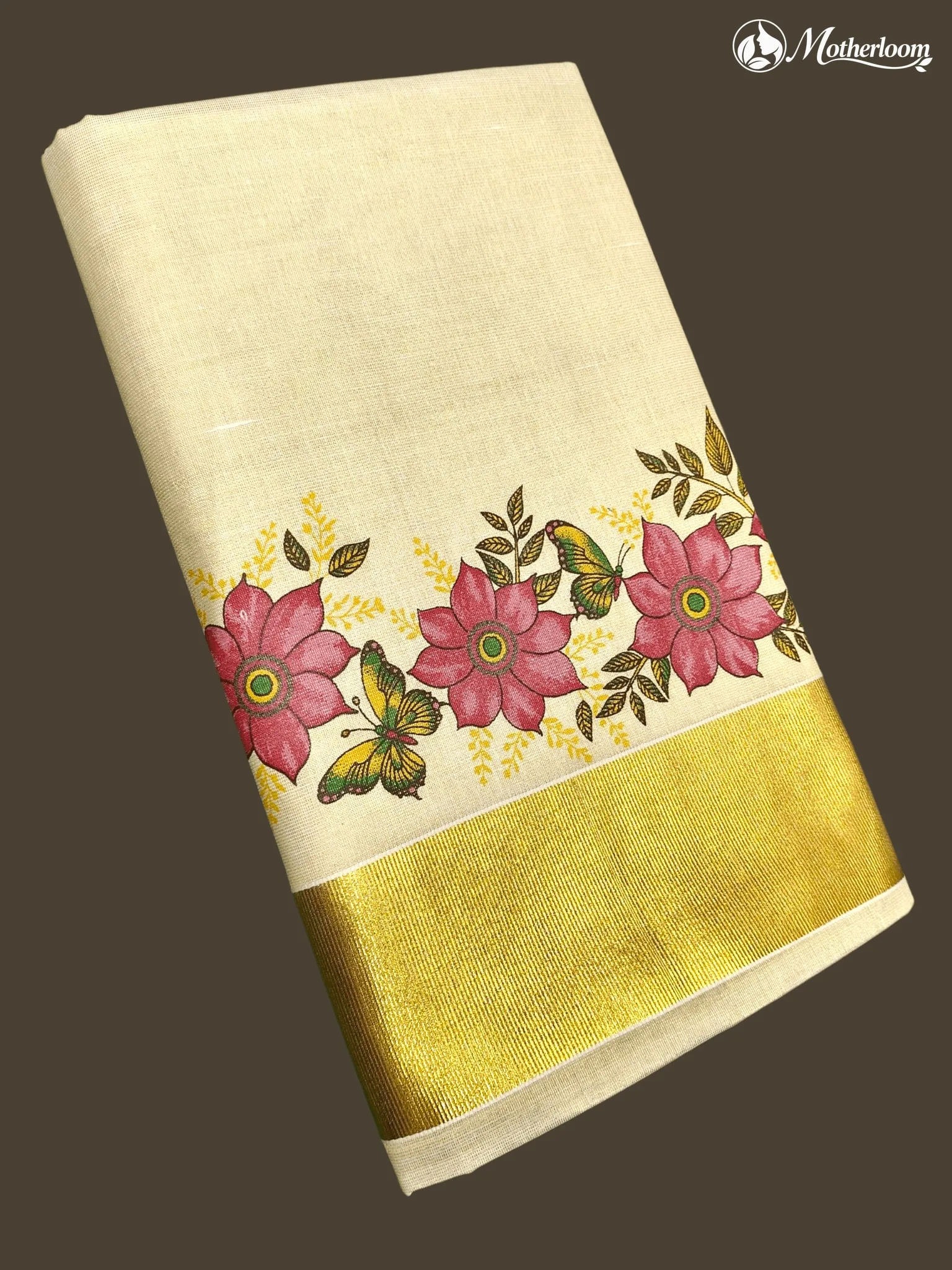 Motherloom Kerala Tissue Pink Flower with Butterfly Mural Print Saree with Running Blouse