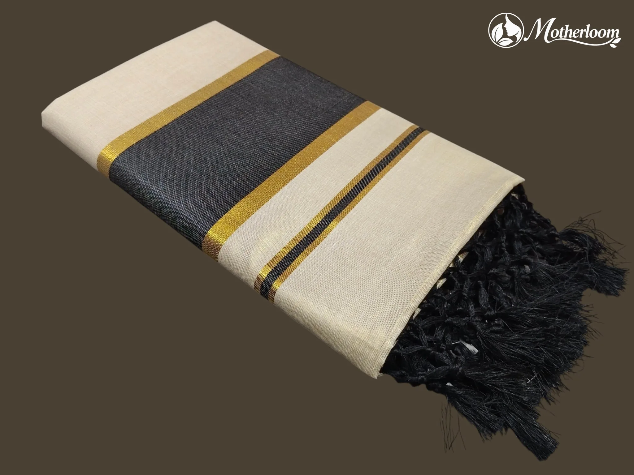 Motherloom Kerala Tissue Fancy Black Saree ,Running Blouse With Tassels