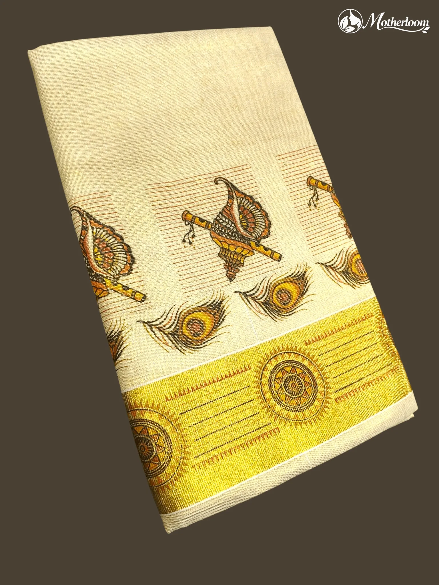Motherloom Kerala Tissue Conch Shell & Peacock Feather Mural Print Saree