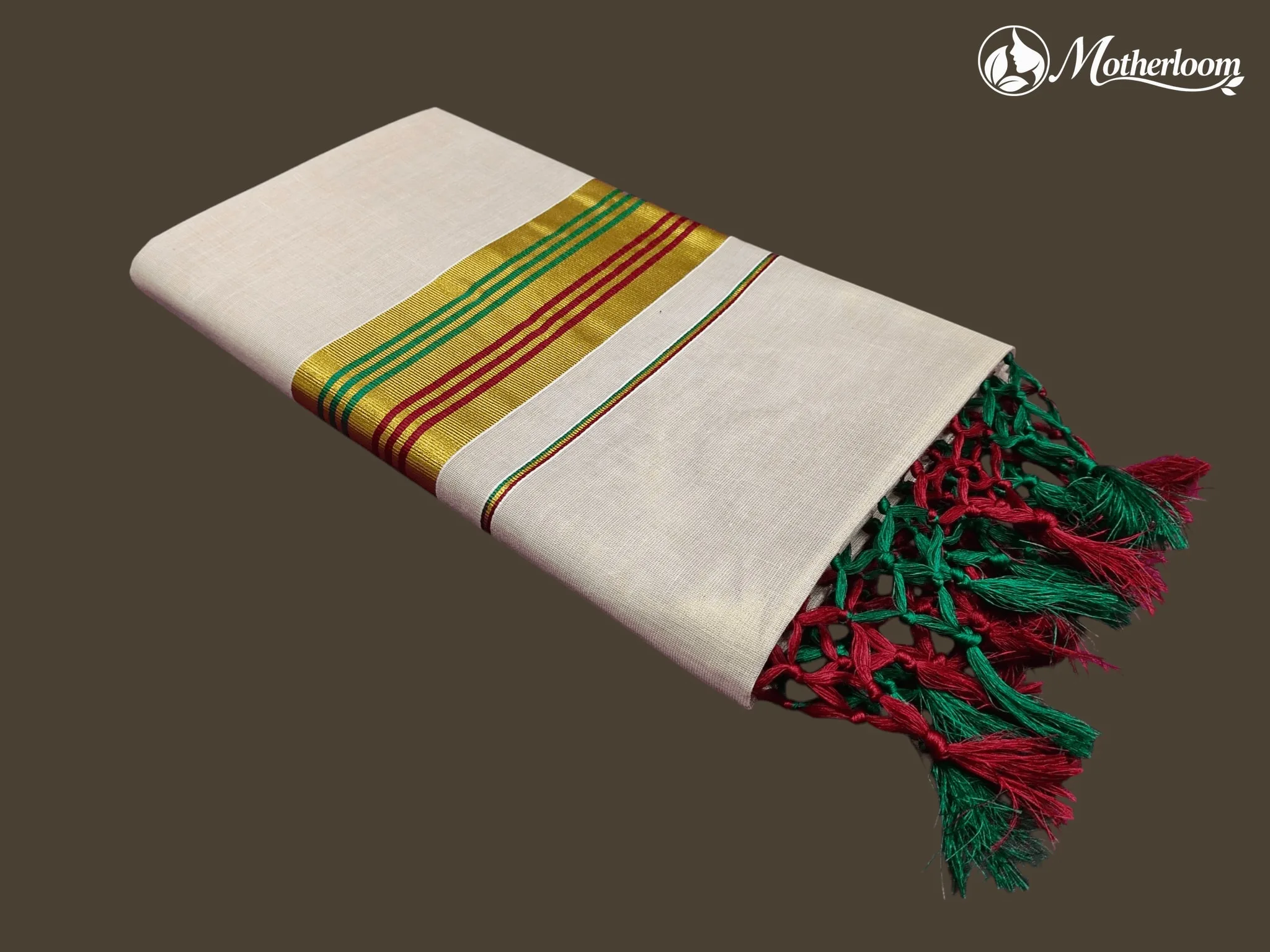 Motherloom Kerala Tissue Green & Maroon Fancy Saree With Colour Border
