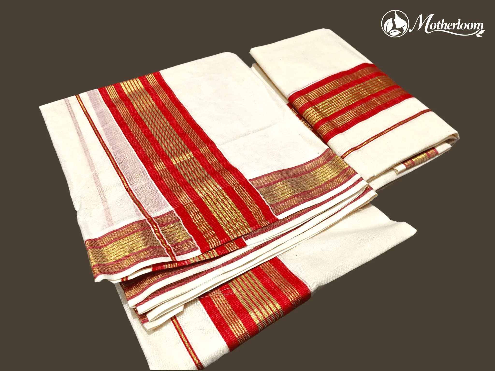 Motherloom Kerala Cotton Fancy Red & Gold Set Mundu