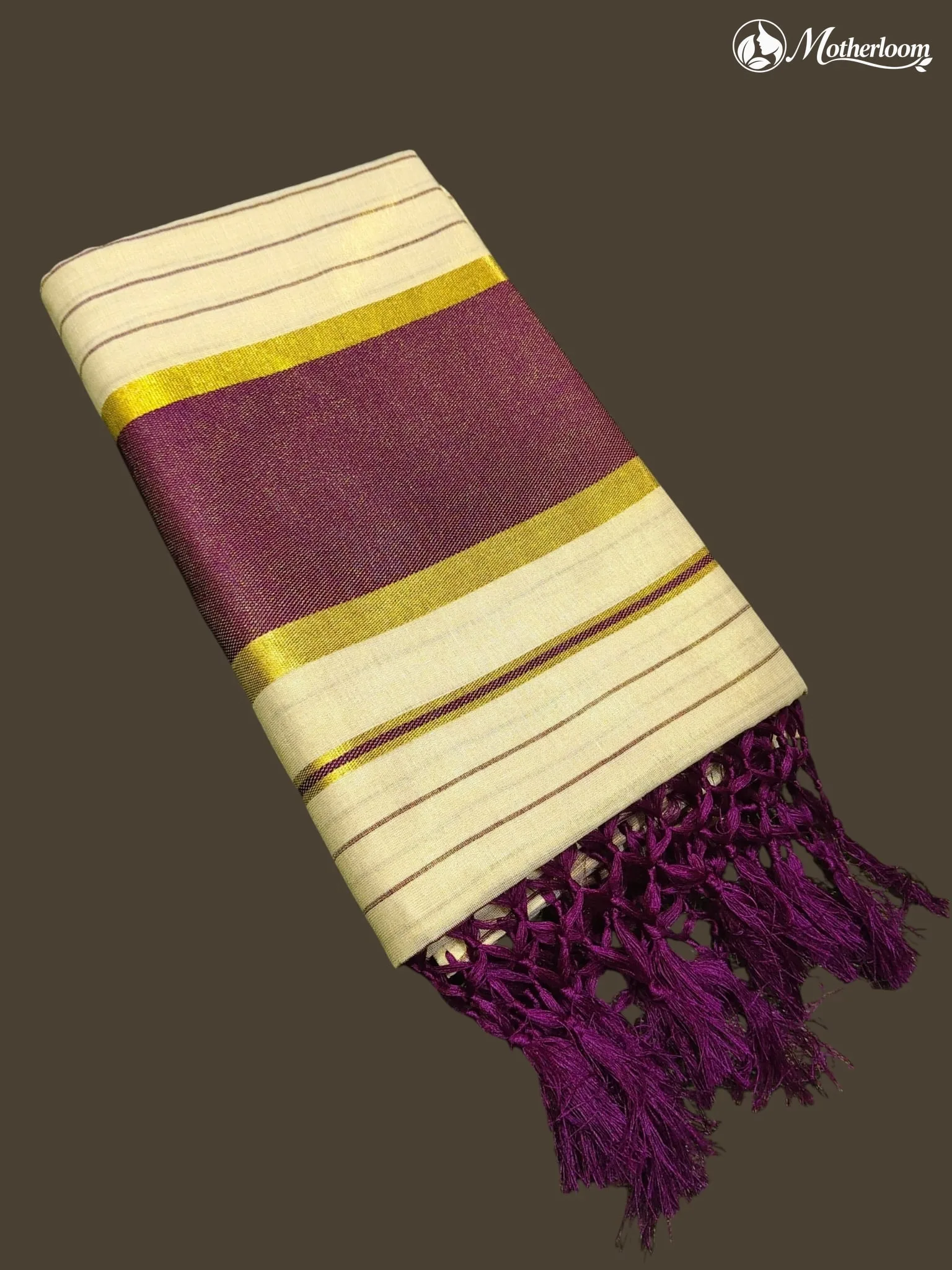 Motherloom Kerala Tissue Fancy Stripes Purple Saree, Running Blouse With Tassels
