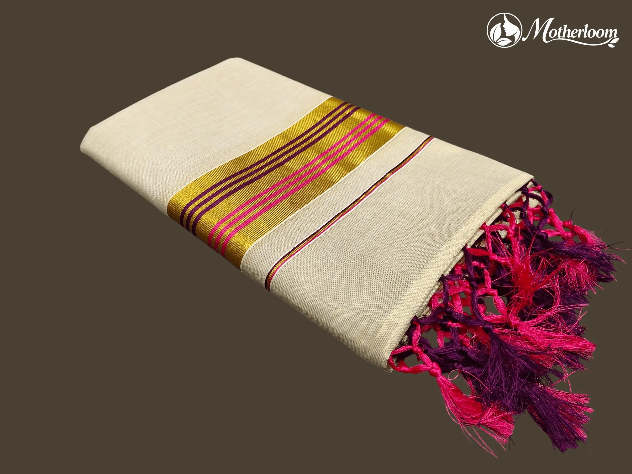 Motherloom Kerala Tissue Pink & Purple Fancy Saree With Colour Border