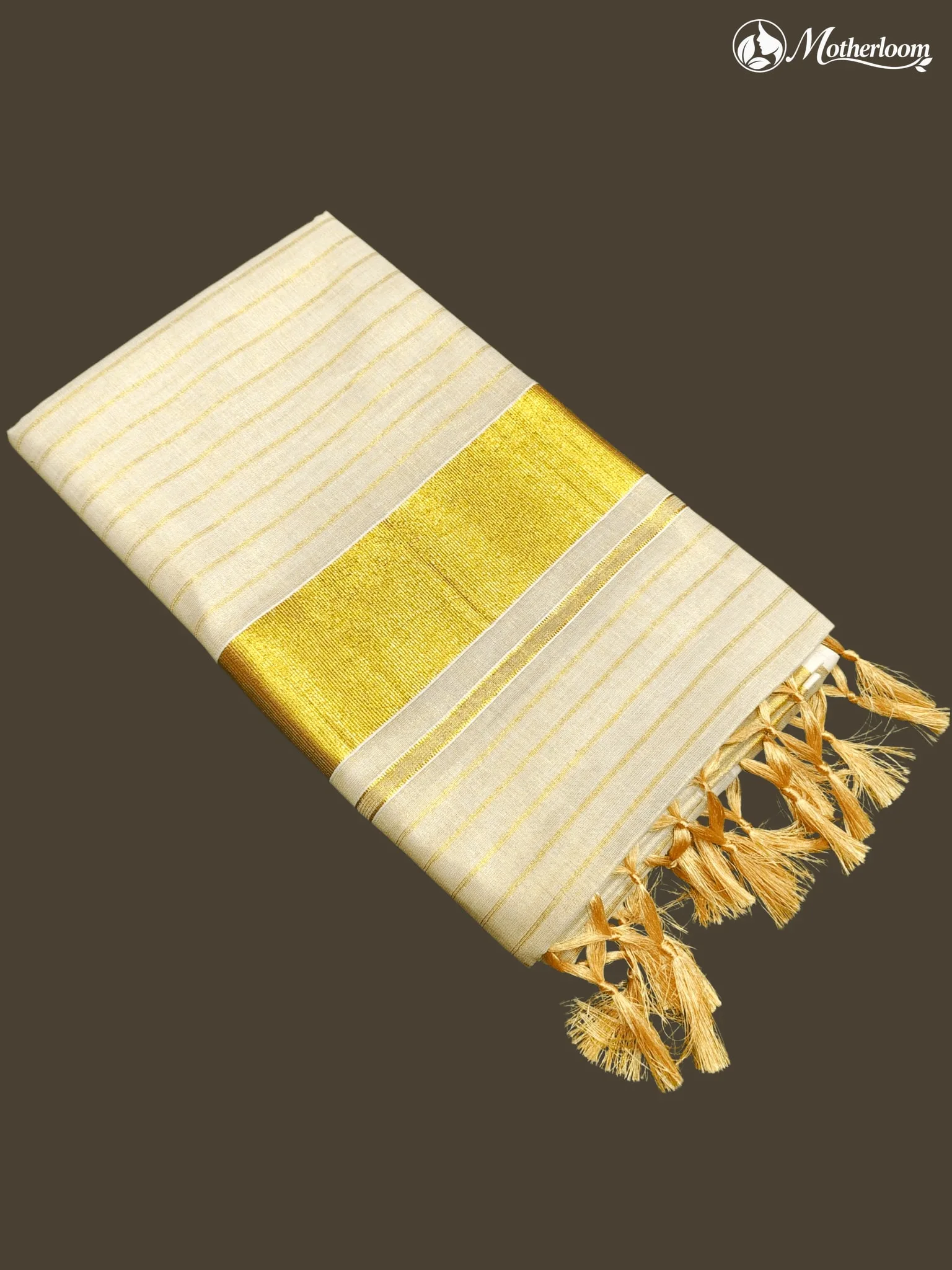 Motherloom Kerala Tissue Stripes Saree With Tassels & Running Blouse