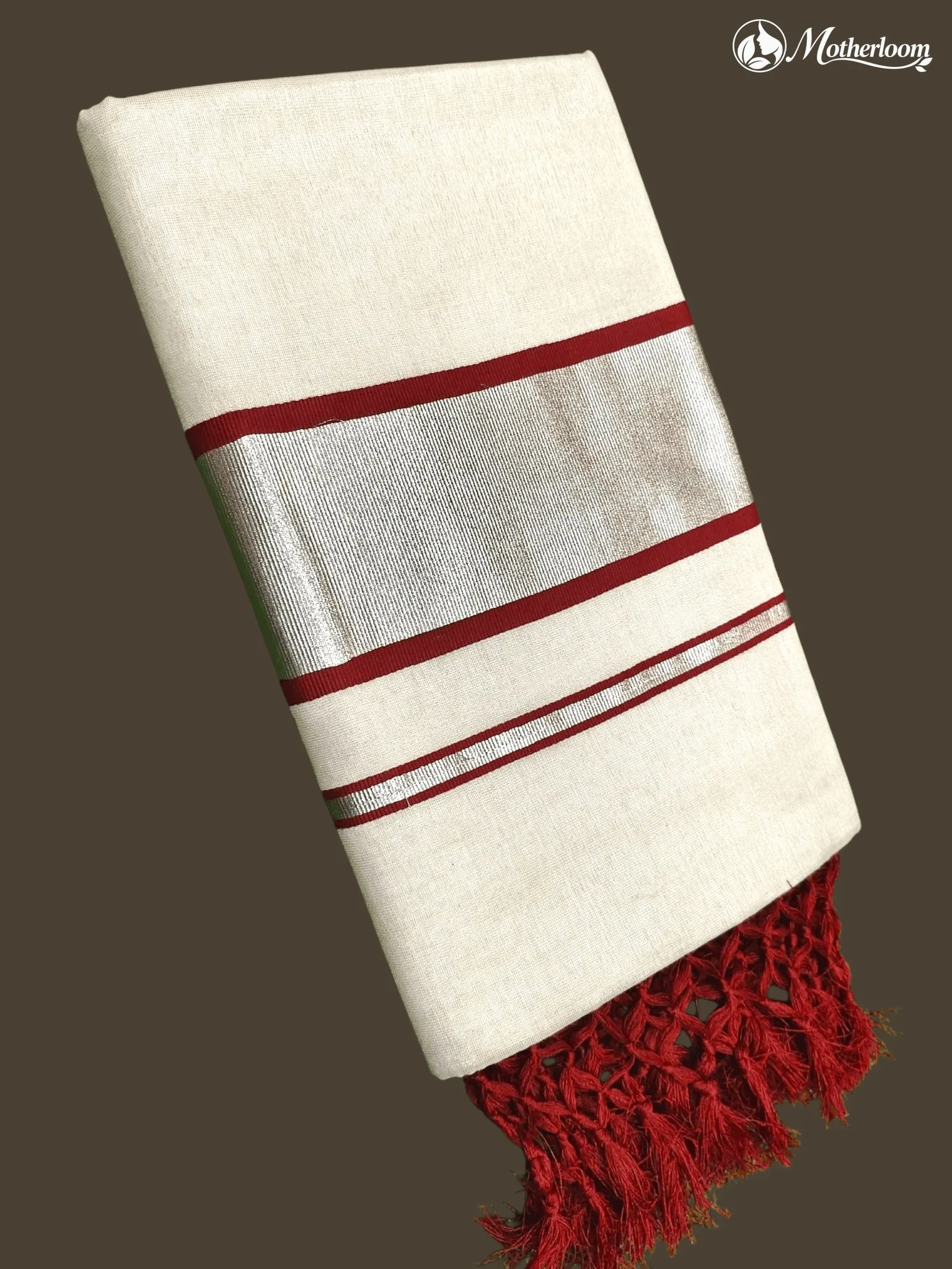 Motherloom Kerala Tissue Maroon Plain Saree with Tassels and Running Blouse