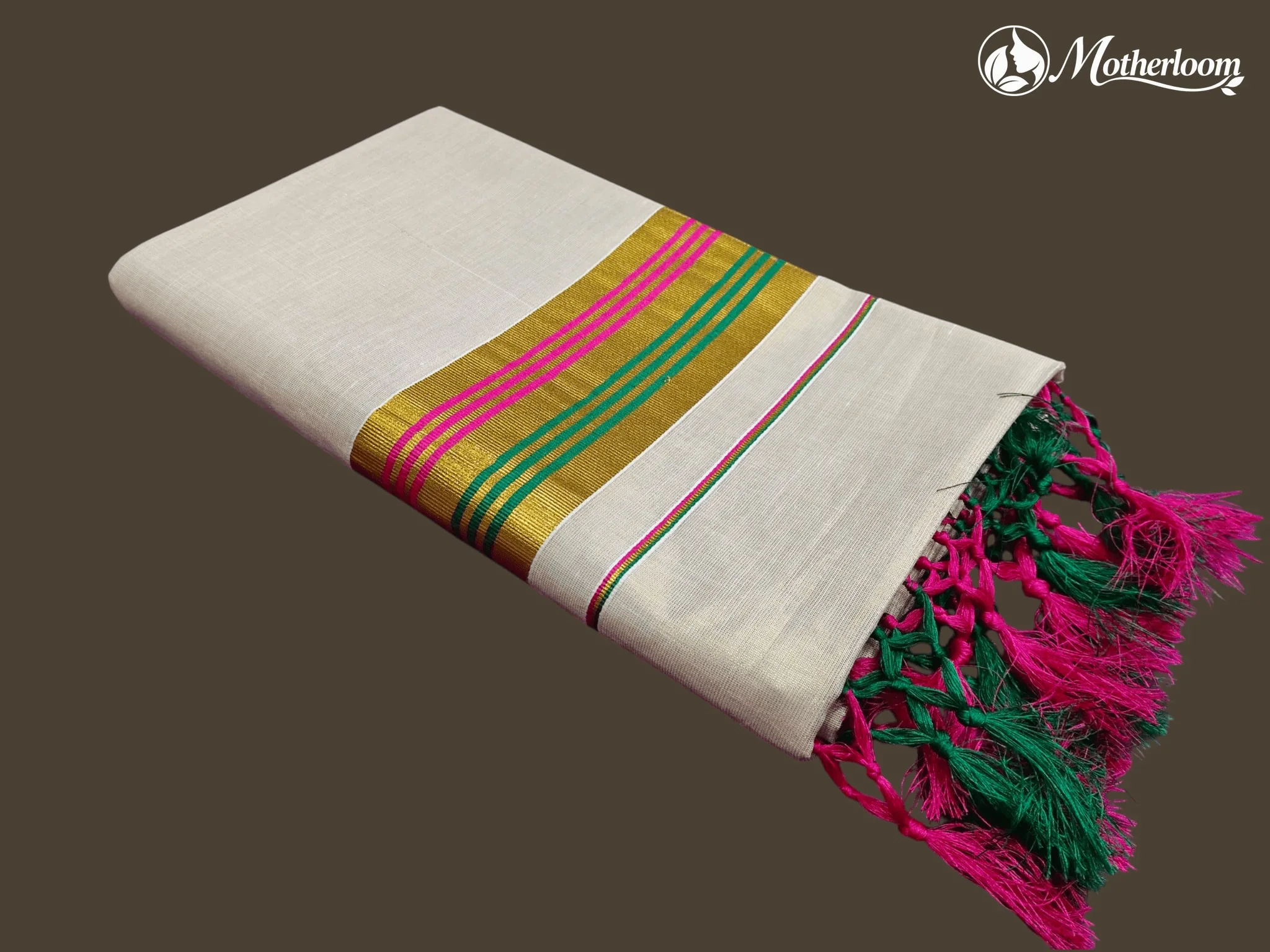 Motherloom Kerala Tissue Pink & Green Fancy Saree With Colour Border
