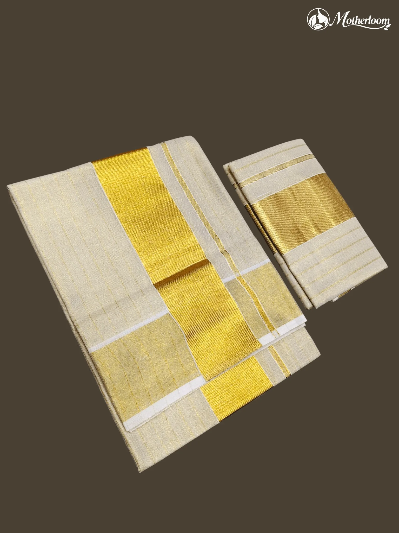 Motherloom Kerala Tissue Gold Vertical Line Set Mundu