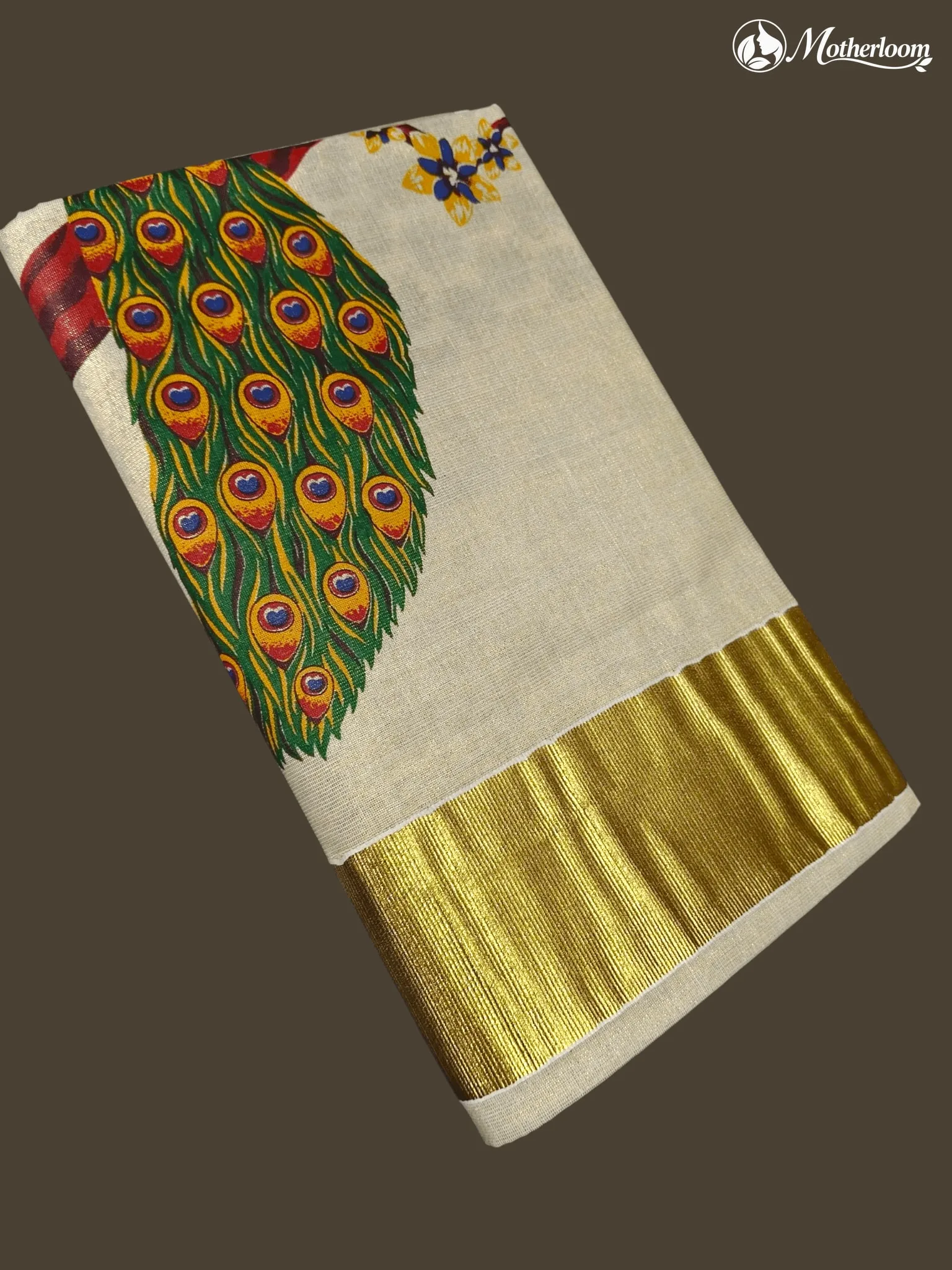 Motherloom Kerala Tissue Small Peacock Mural Print Saree with Running Blouse