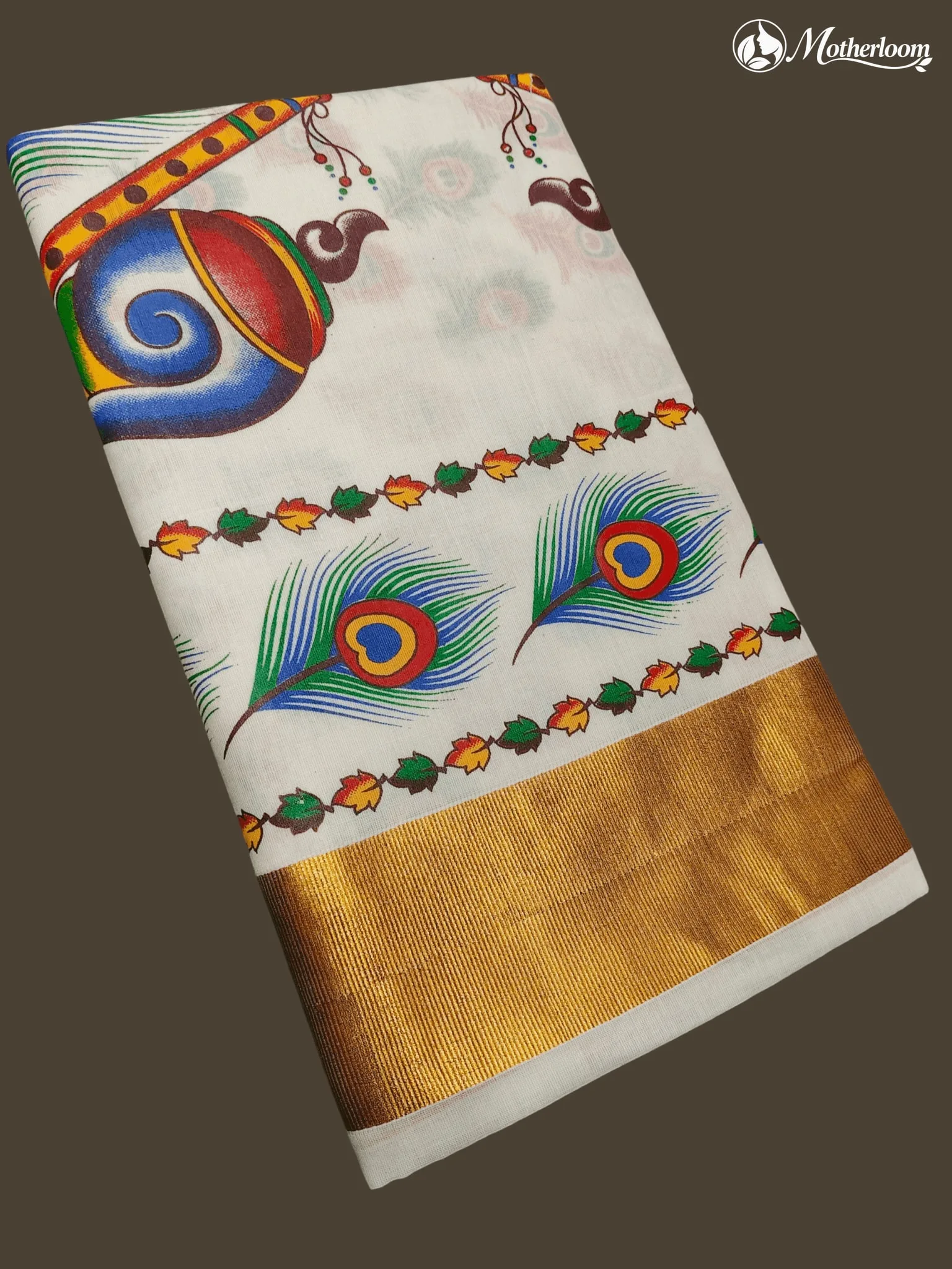 Motherloom Kerala Cotton Peakcock Feather With Conch Shell & Flute Mural Print Saree, With Running Blouse