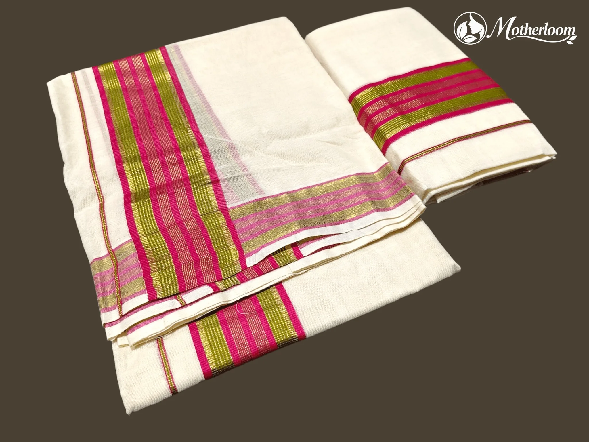 Motherloom Kerala Cotton Fancy Pink & Olive Green Set Mundu