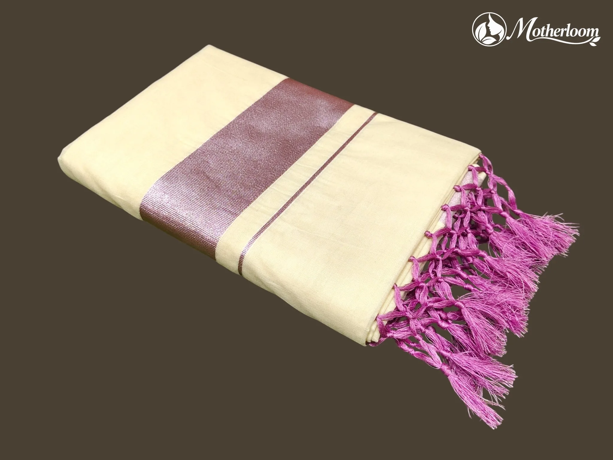 Motherloom Kerala Plain Pink Cotton Saree With Running Blouse With Tassels (Kunjam)
