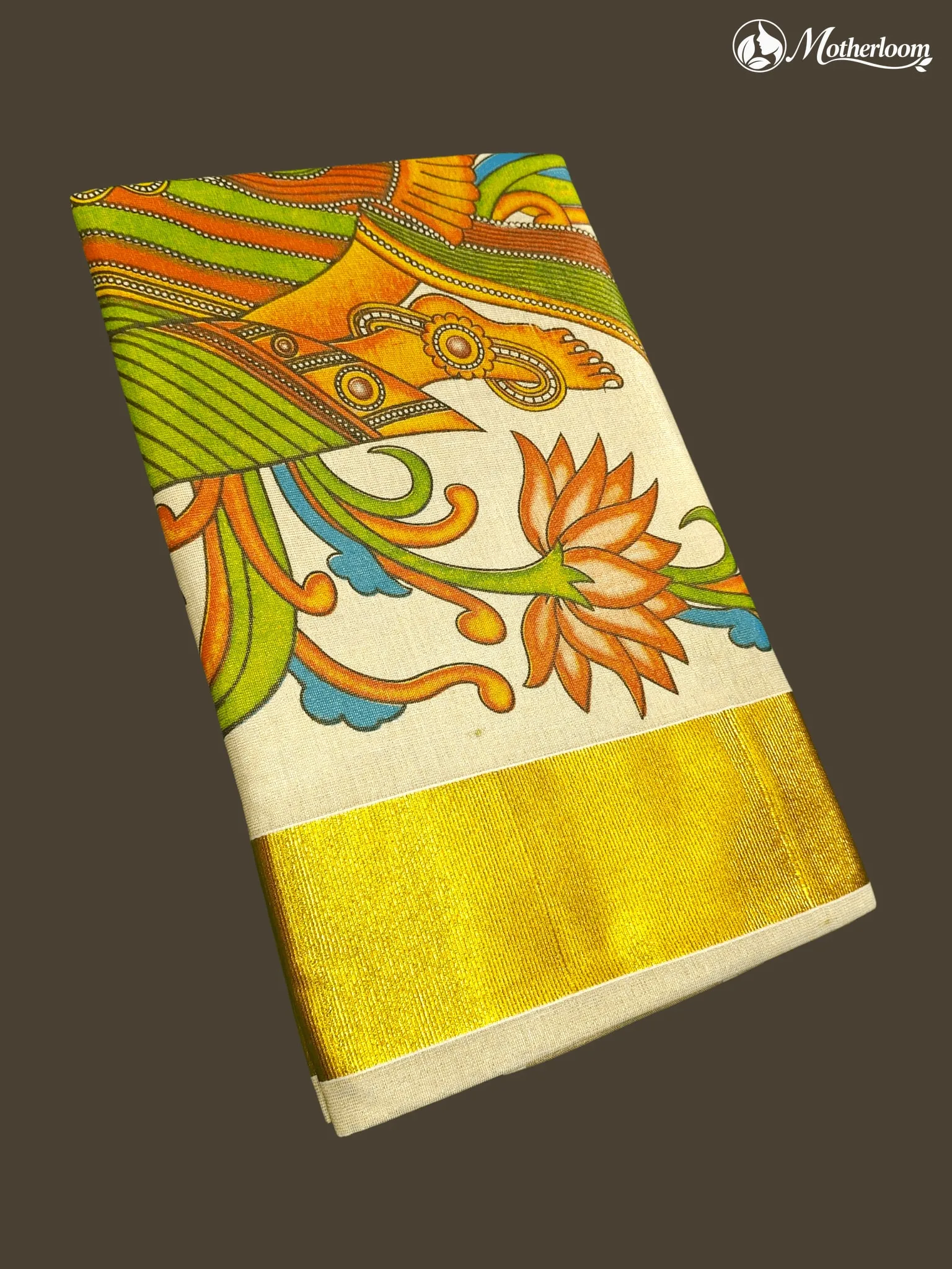 Motherloom Kerala Tissue Large Radha Krishna Mural Print Saree