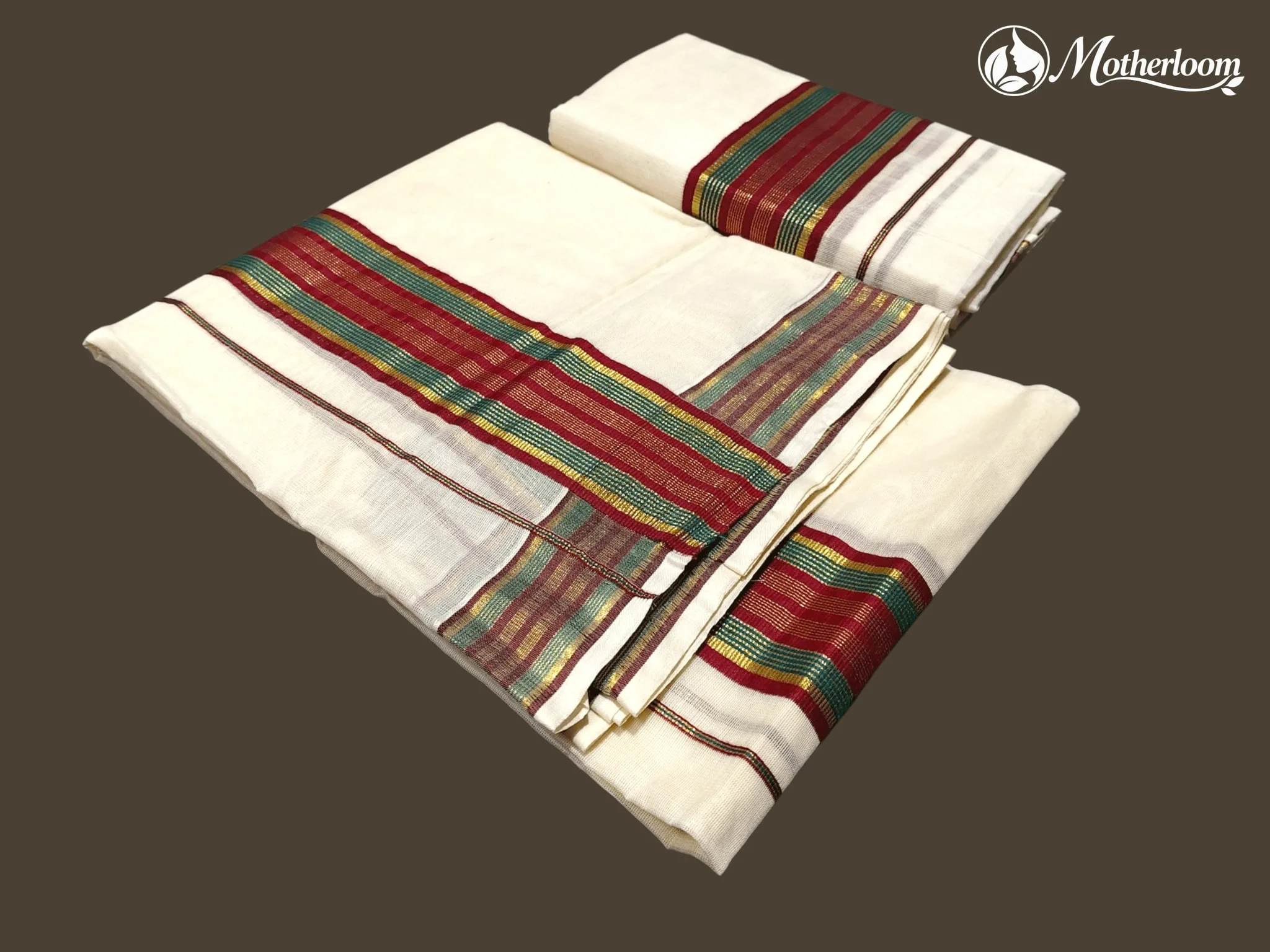 Motherloom Kerala Cotton Fancy Maroon & Green Set Mundu