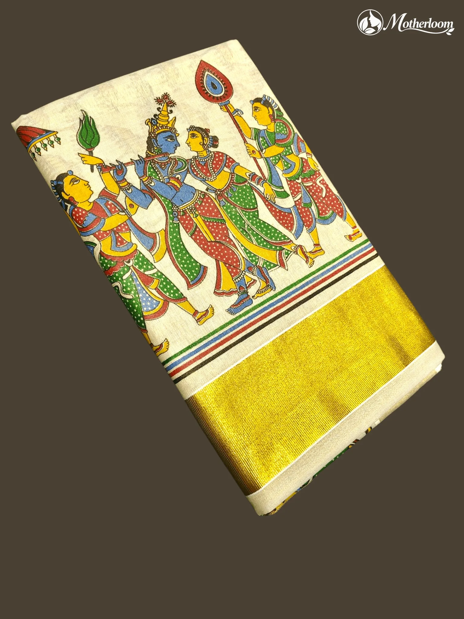 Motherloom Kerala Tissue Radha Krishna Mural Print Saree with Running Blouse