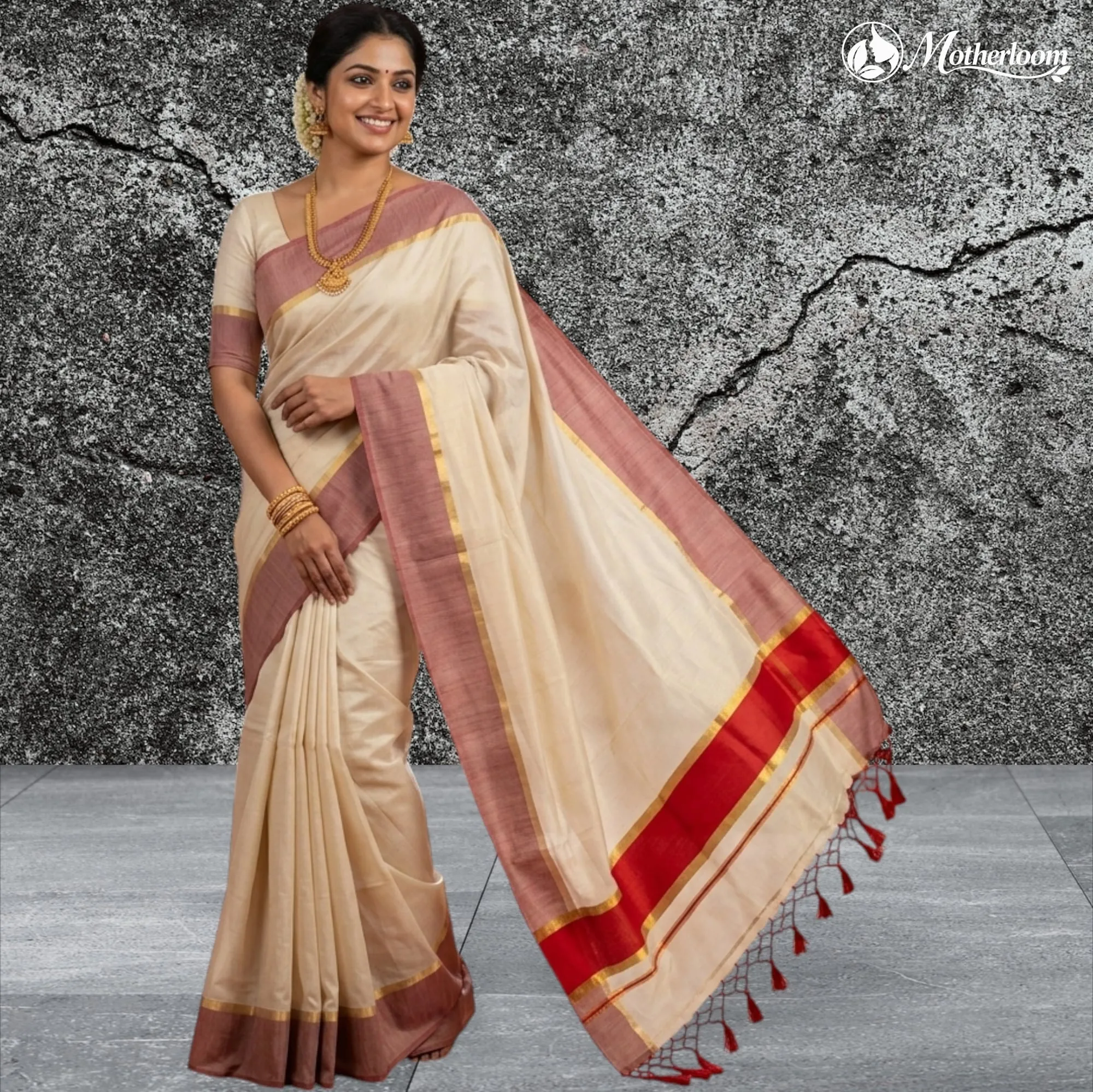 Motherloom Kerala Tissue Fancy Red Saree,Running Blouse With Tassels