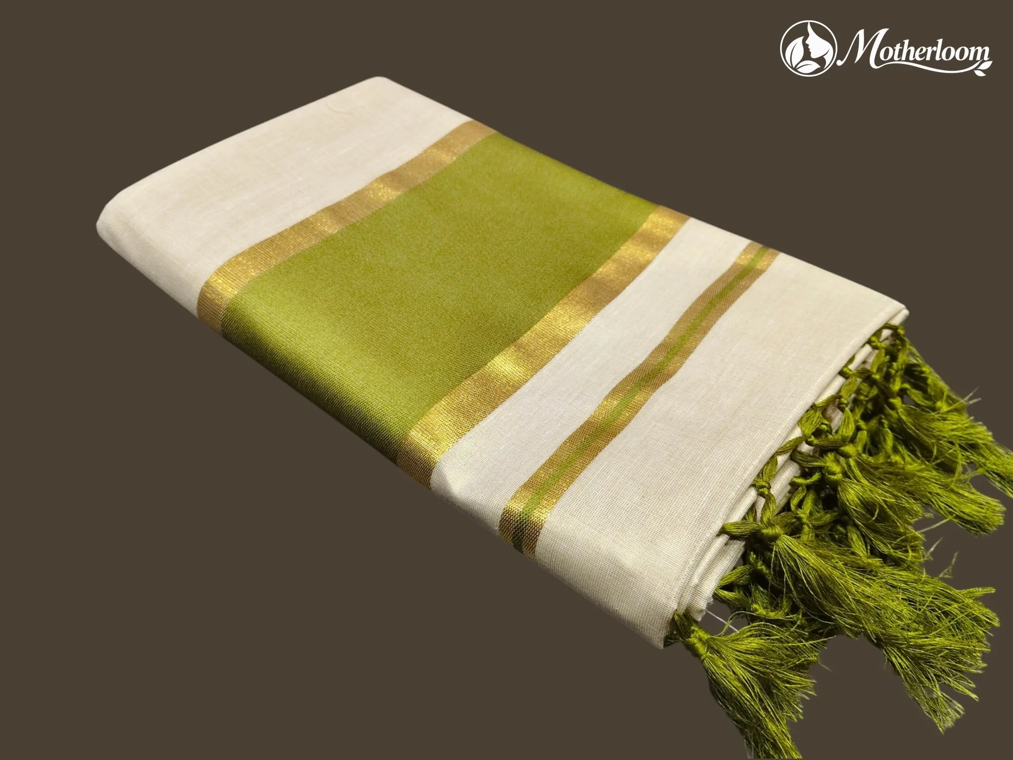 Motherloom Kerala Tissue Fancy Olive Green Saree,Running Blouse With Tassels