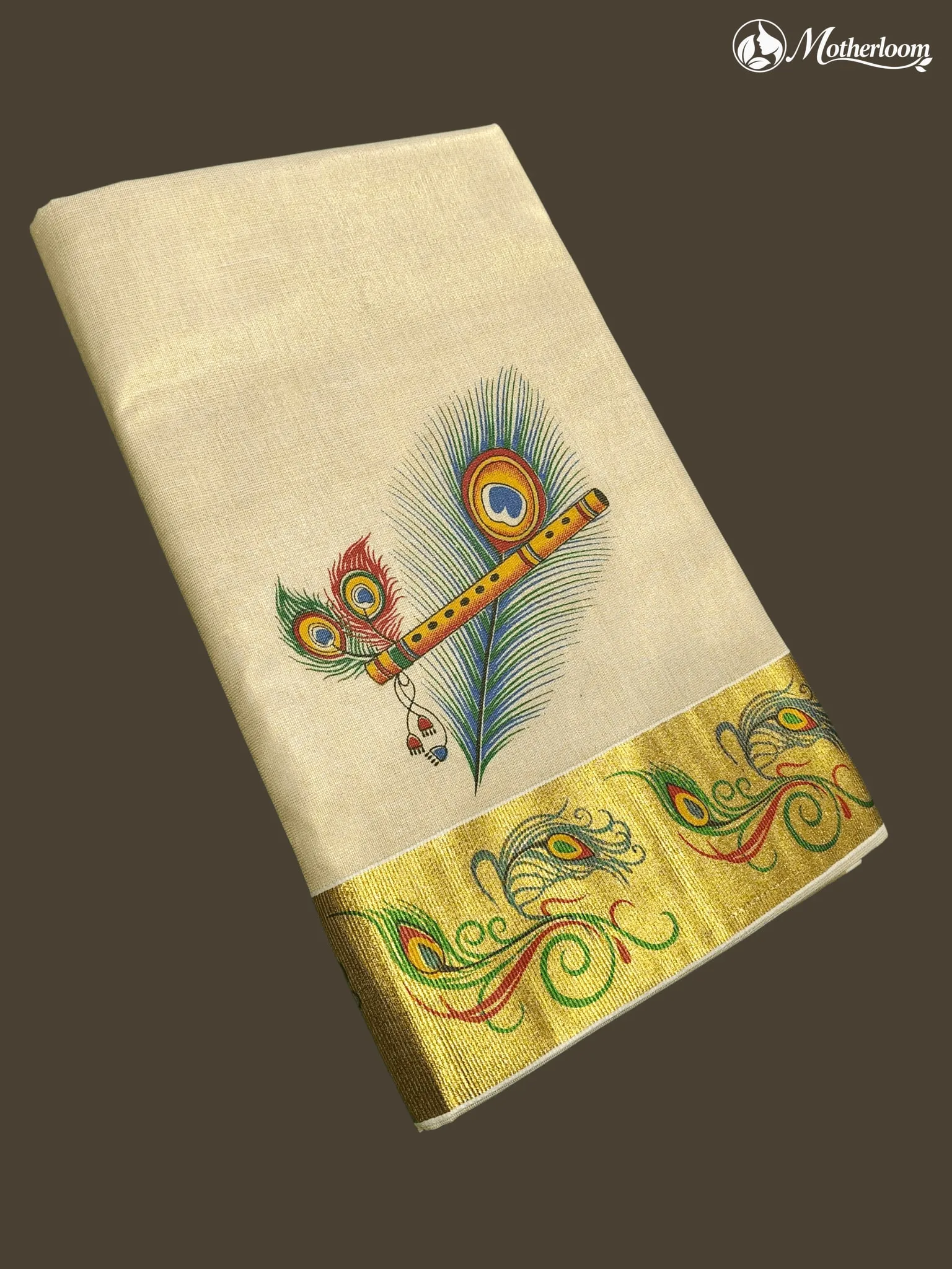 Motherloom Kerala Tissue Peacock Feather & Flute Mural Print Saree with Running Blouse
