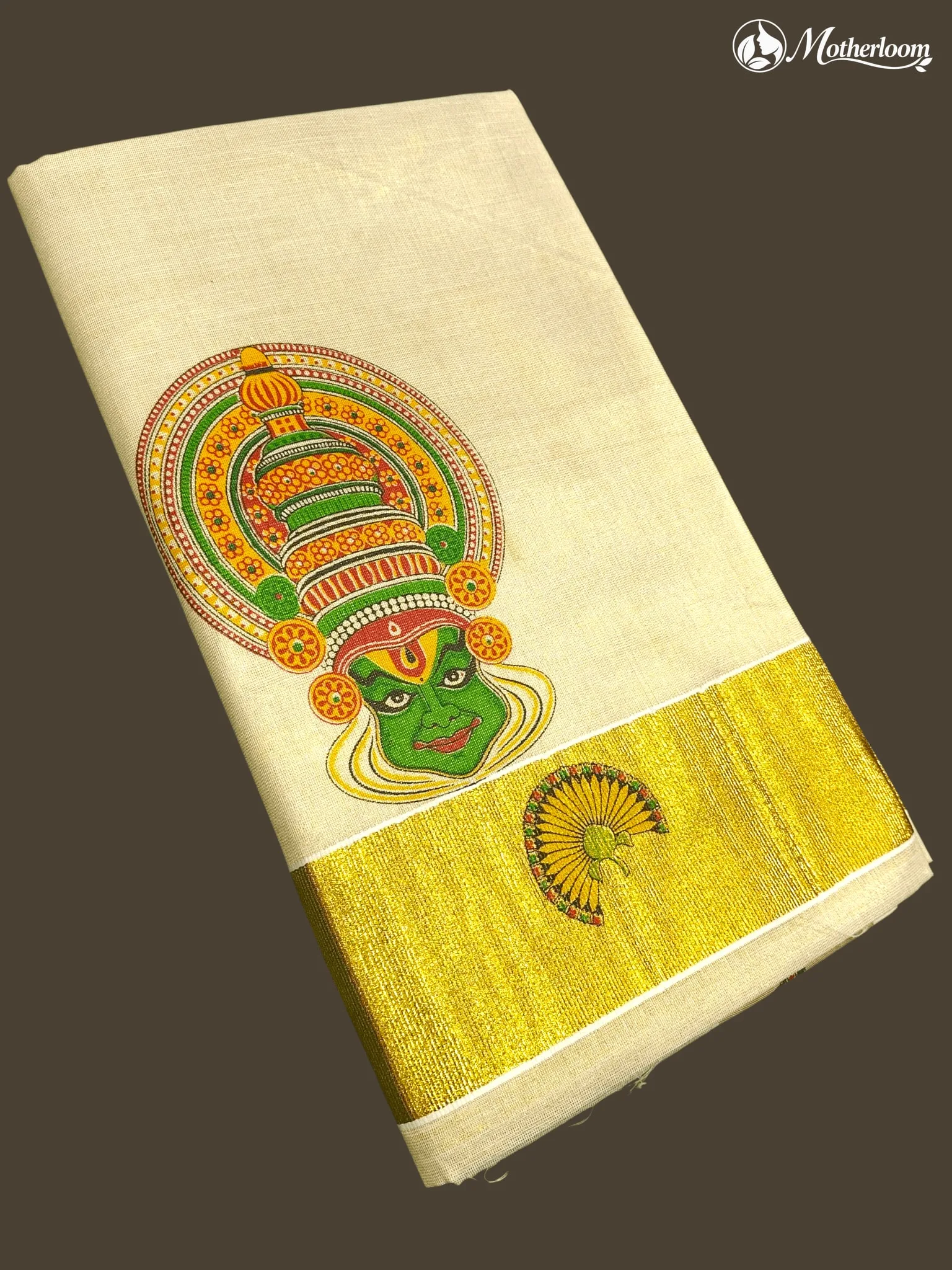 Motherloom Kerala Tisuue Small Kathalai Face Mural Print Saree