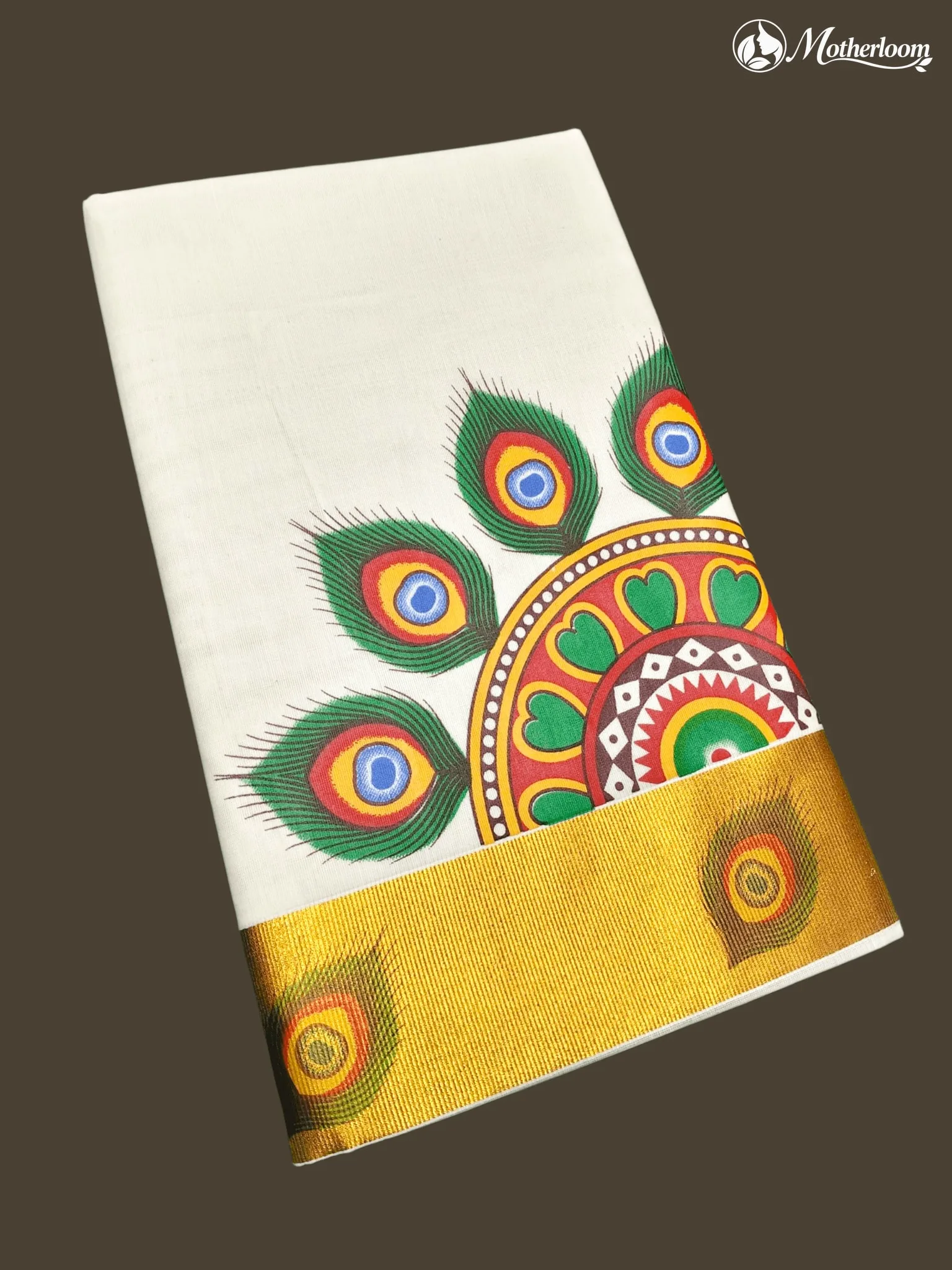 Motherloom Kerala Cotton Peacock Feather Mandala Mural Print Saree,Running Blouse