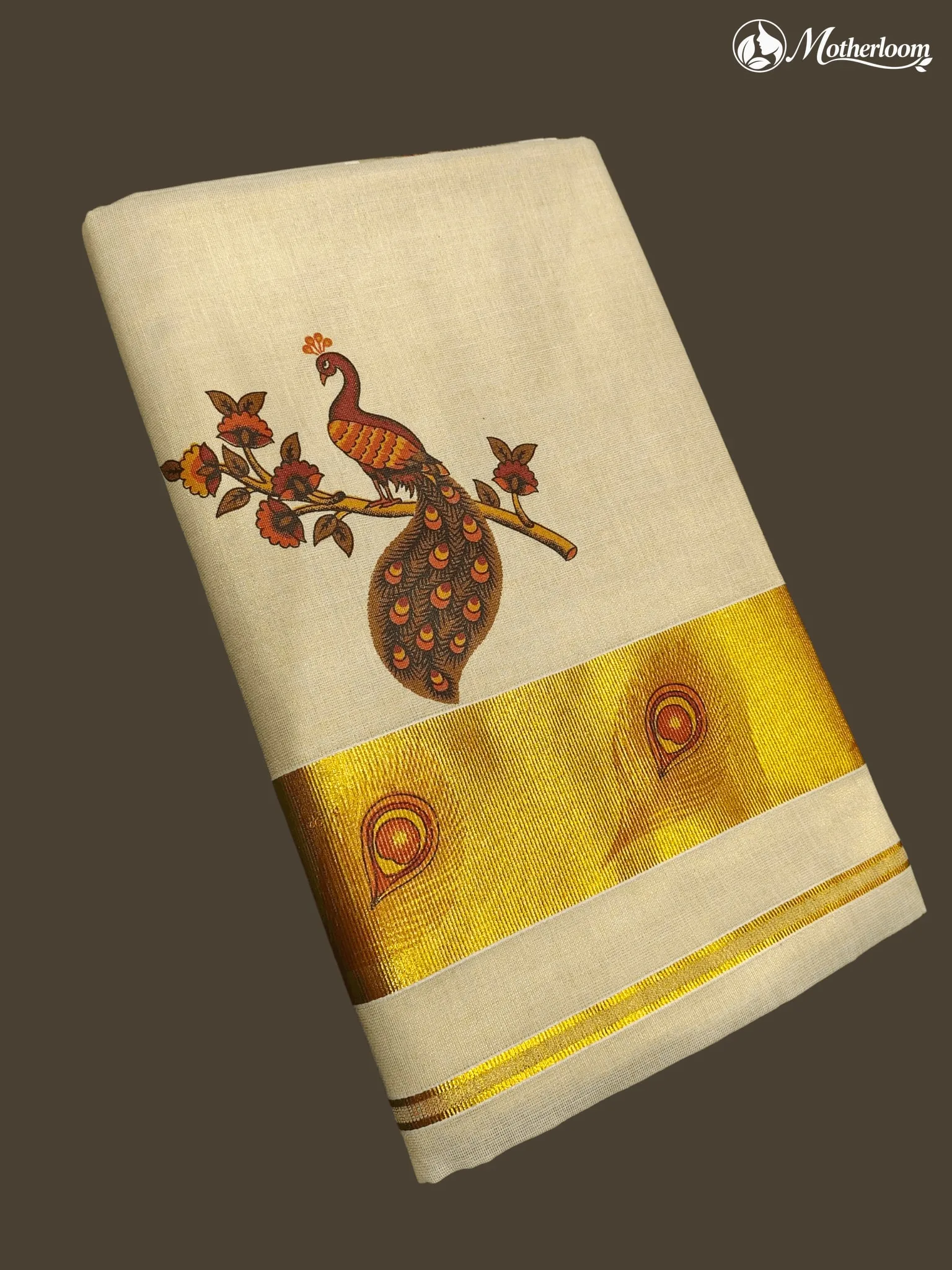 Motherloom Kerala Tissue Peacock with Tree Mural Print Saree with Running Blouse