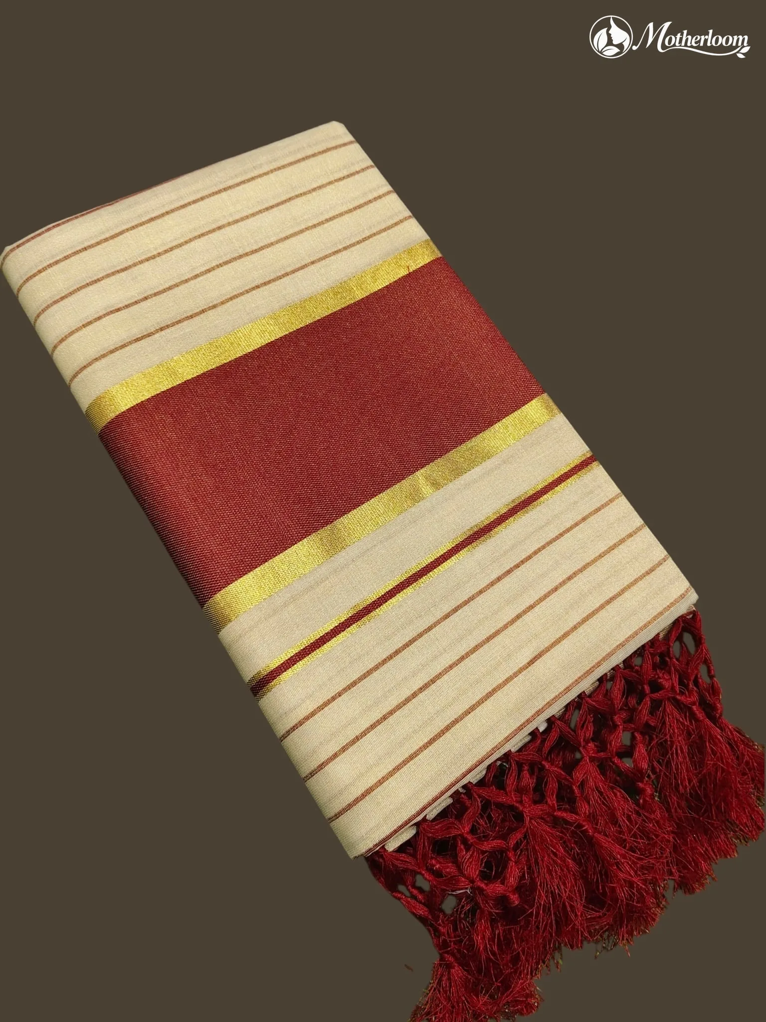 Motherloom Kerala Tissue Fancy Stripes Red Saree, Running Blouse With Tassels