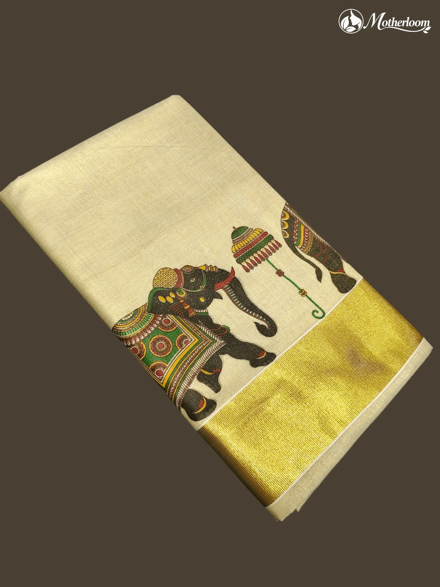 Motherloom Kerala Tissue Elephant Mural Print Saree With Running Blouse