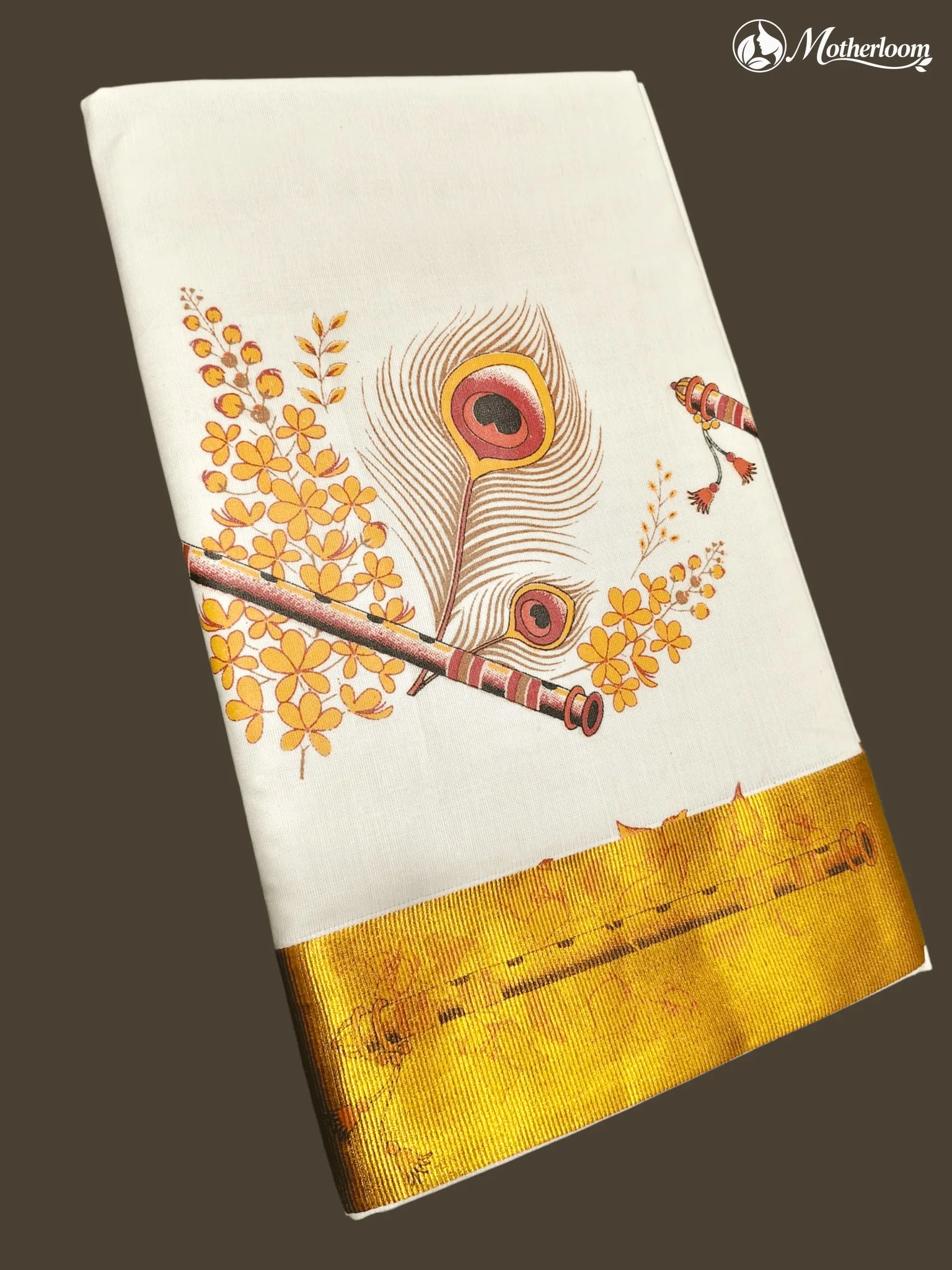 Motherloom Kerala Cotton Flute & Peacock Feather Mural Print Saree & Running Blouse