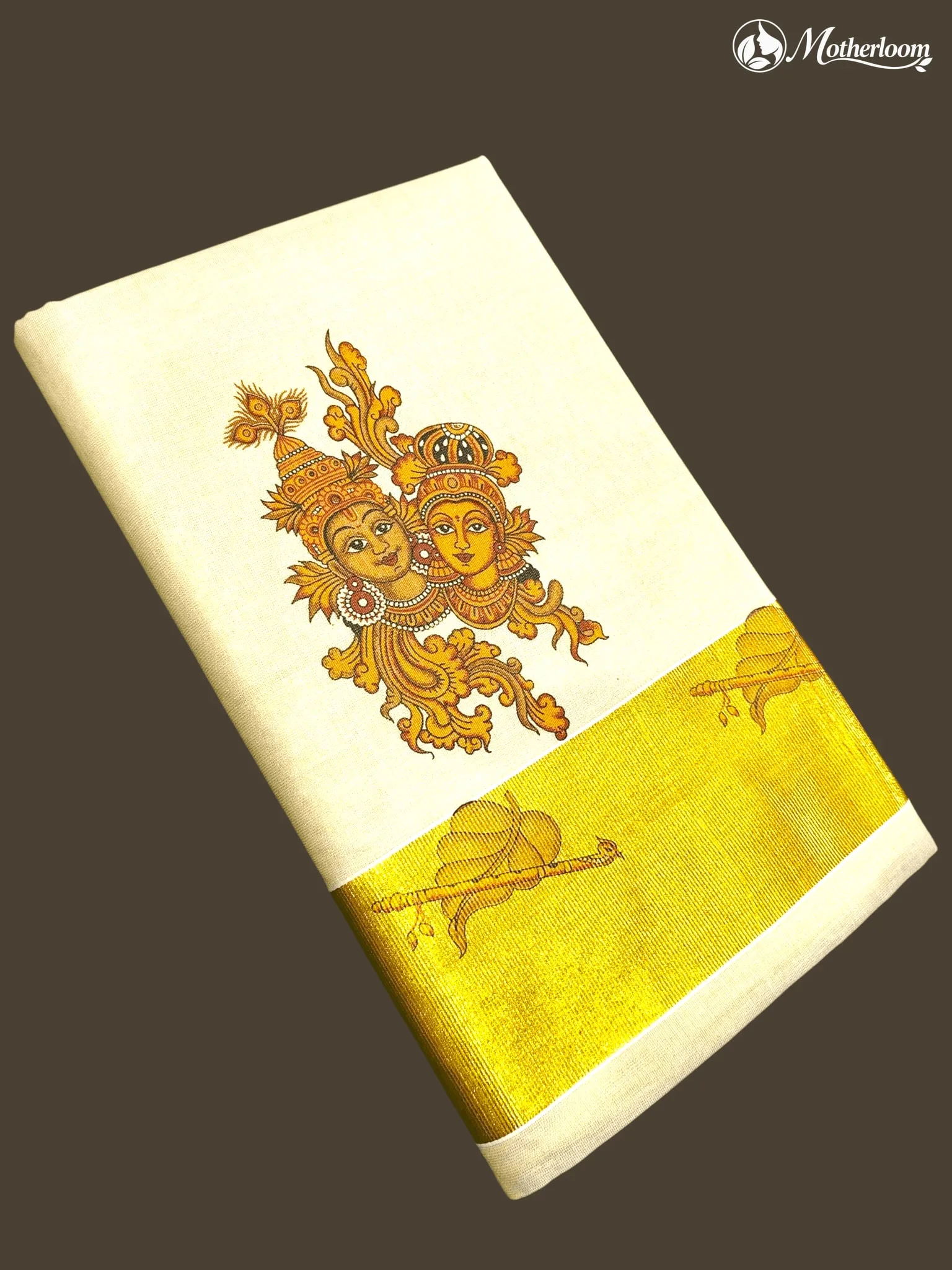 Motherloom Kerala Tissue Radha Krishna Mural Print Saree