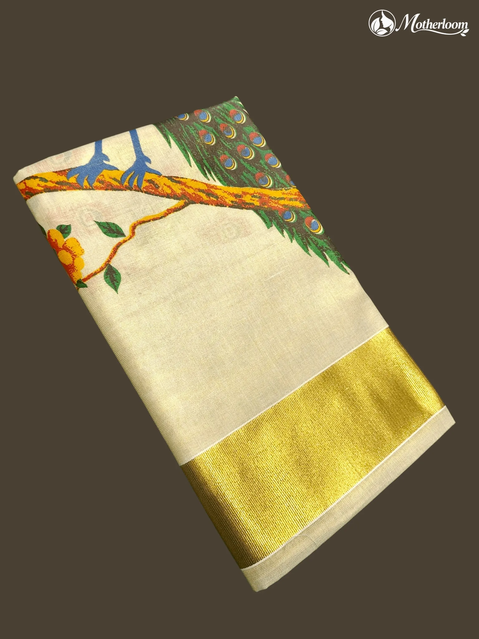 Motherloom Kerala Tisuue Peacock & Feather Saree with Running Blouse
