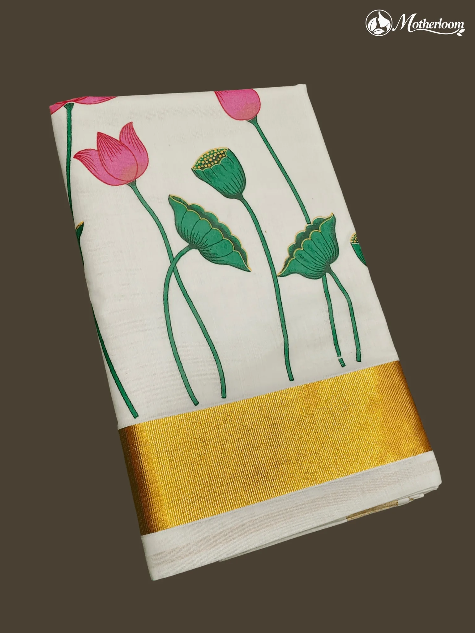 Motherloom Kerala Cotton Long Lotus Flowers, Green Leaf Saree & Running Blose