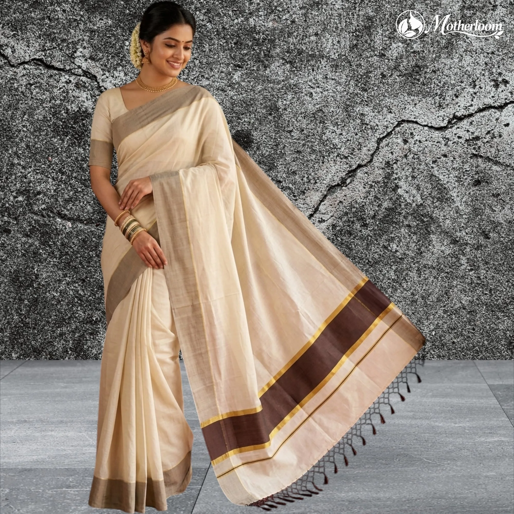 Motherloom Kerala Tissue Fancy Brown Saree ,Running Blouse With Tassels