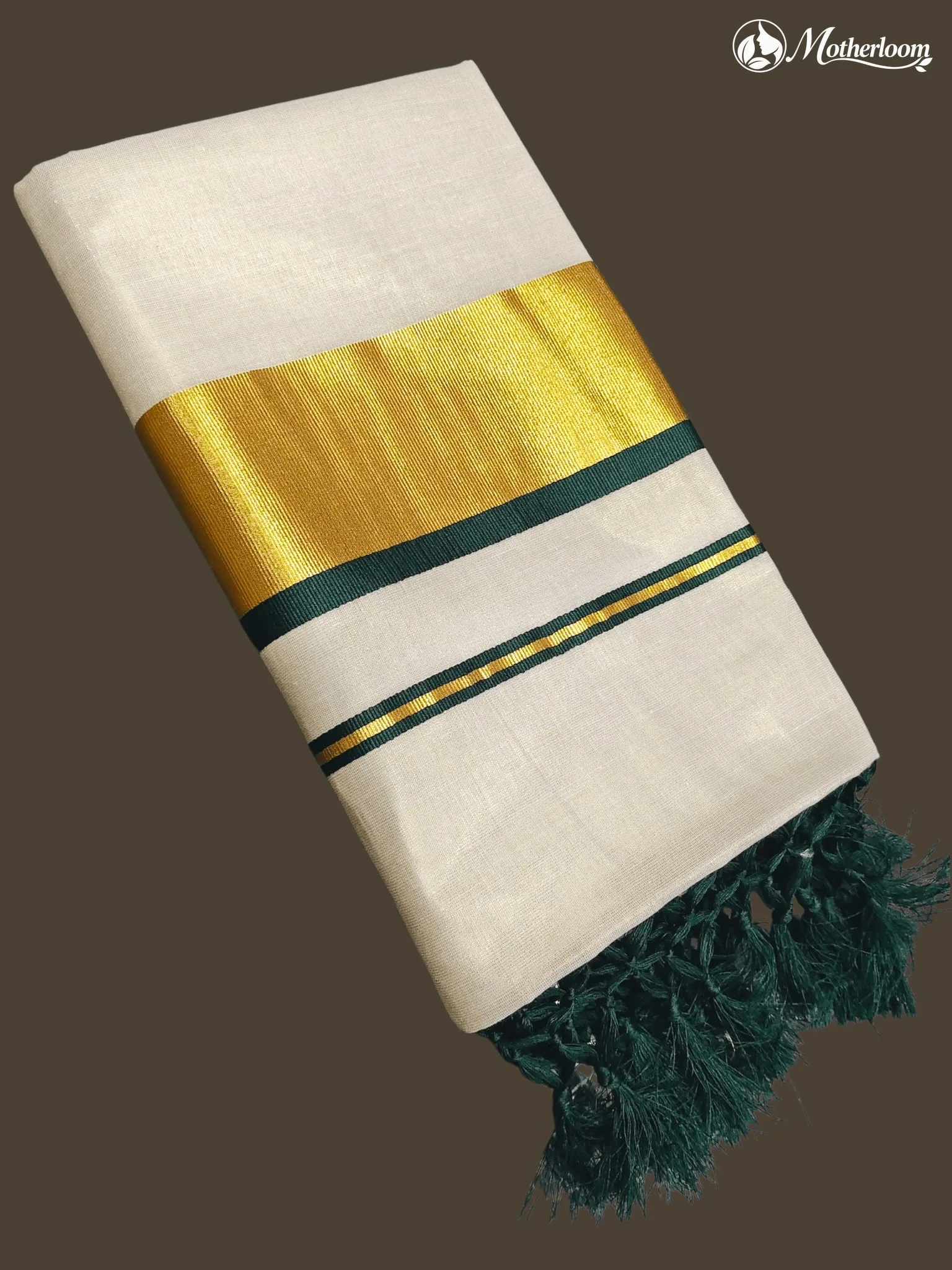 Motherloom Kerala Tissue Fancy Bottle Green Saree with Tassels & Running Blouse
