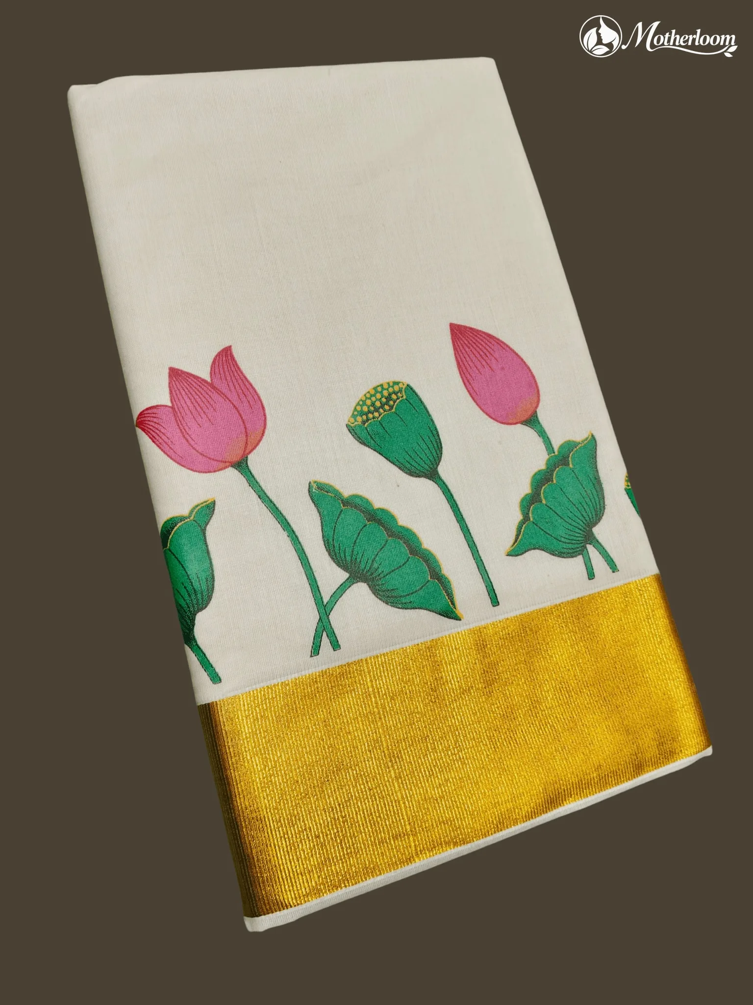 Motherloom Kerala Cotton Lotus & Leaf Mural Print Saree with Running Blouse